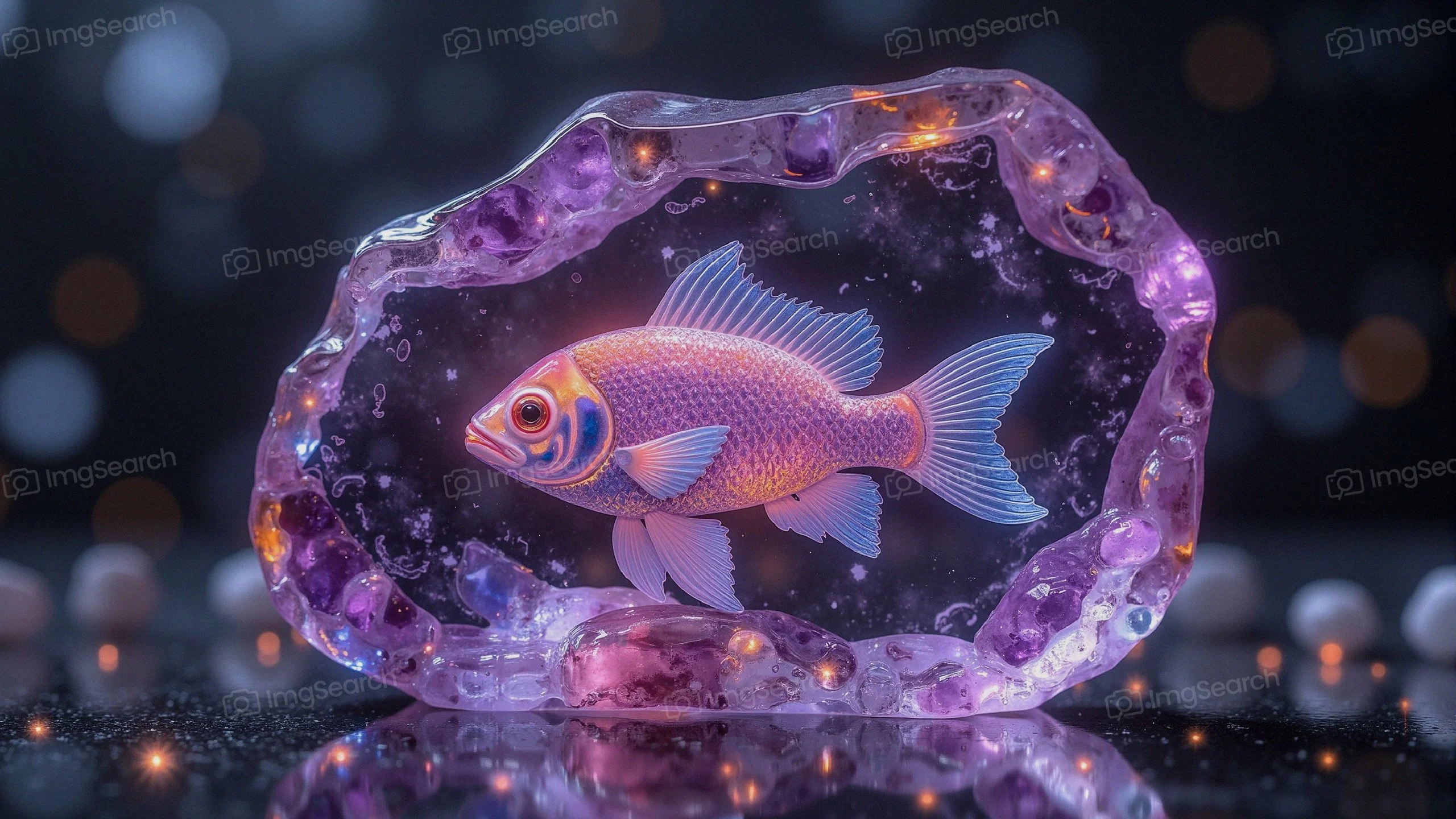 A luminous fish trapped in a crystal block with a sparkling background