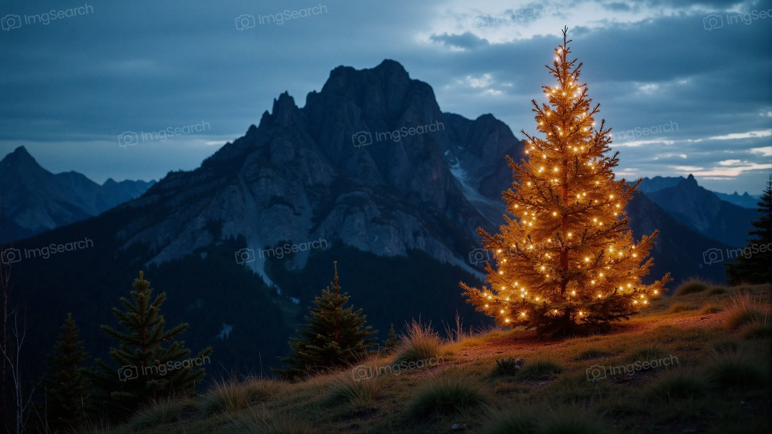 A glowing Christmas tree with lights in front of a mountain landscape at twilight.