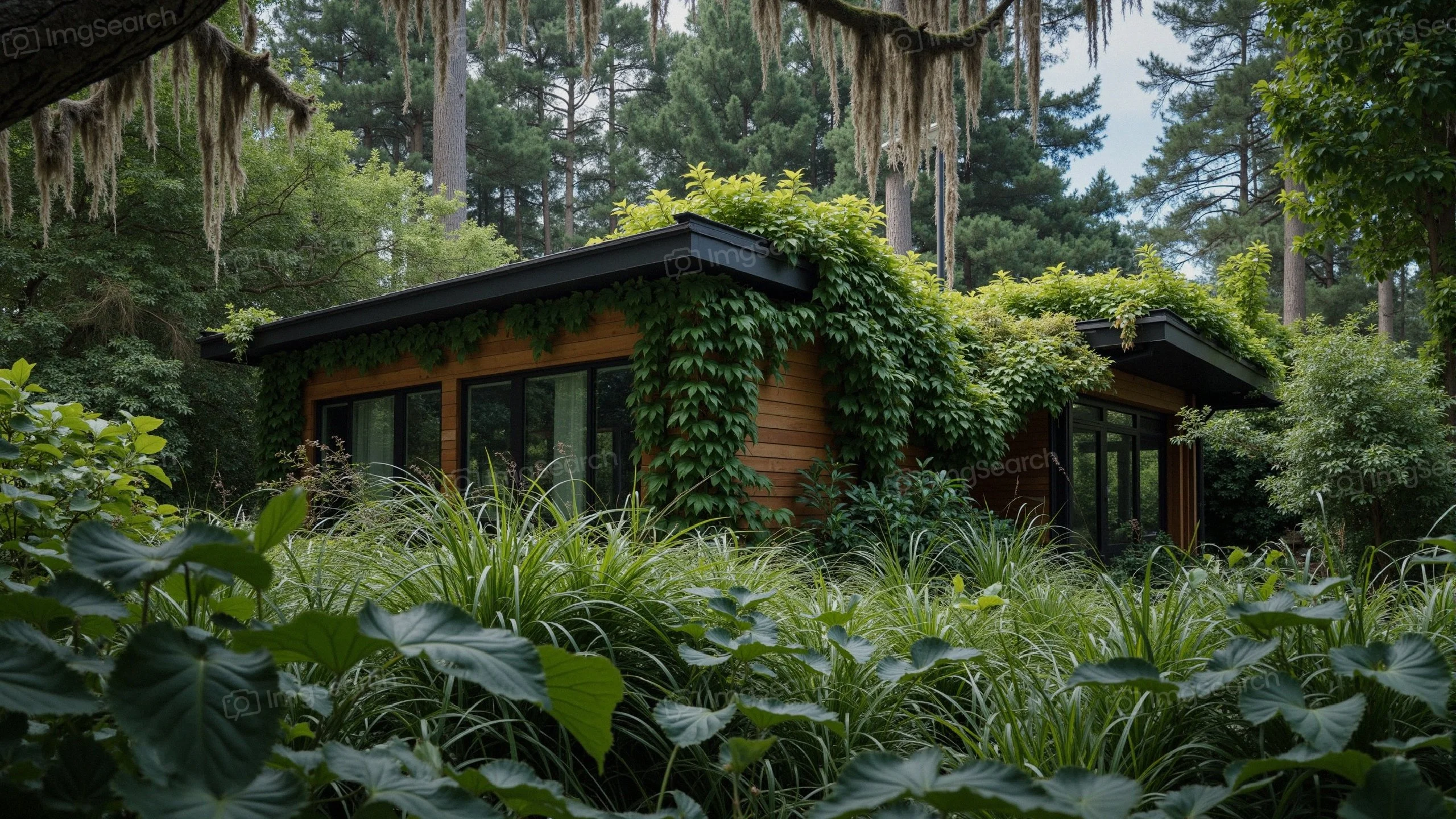 A cabin surrounded by lush greenery vines, creating a natural retreat.