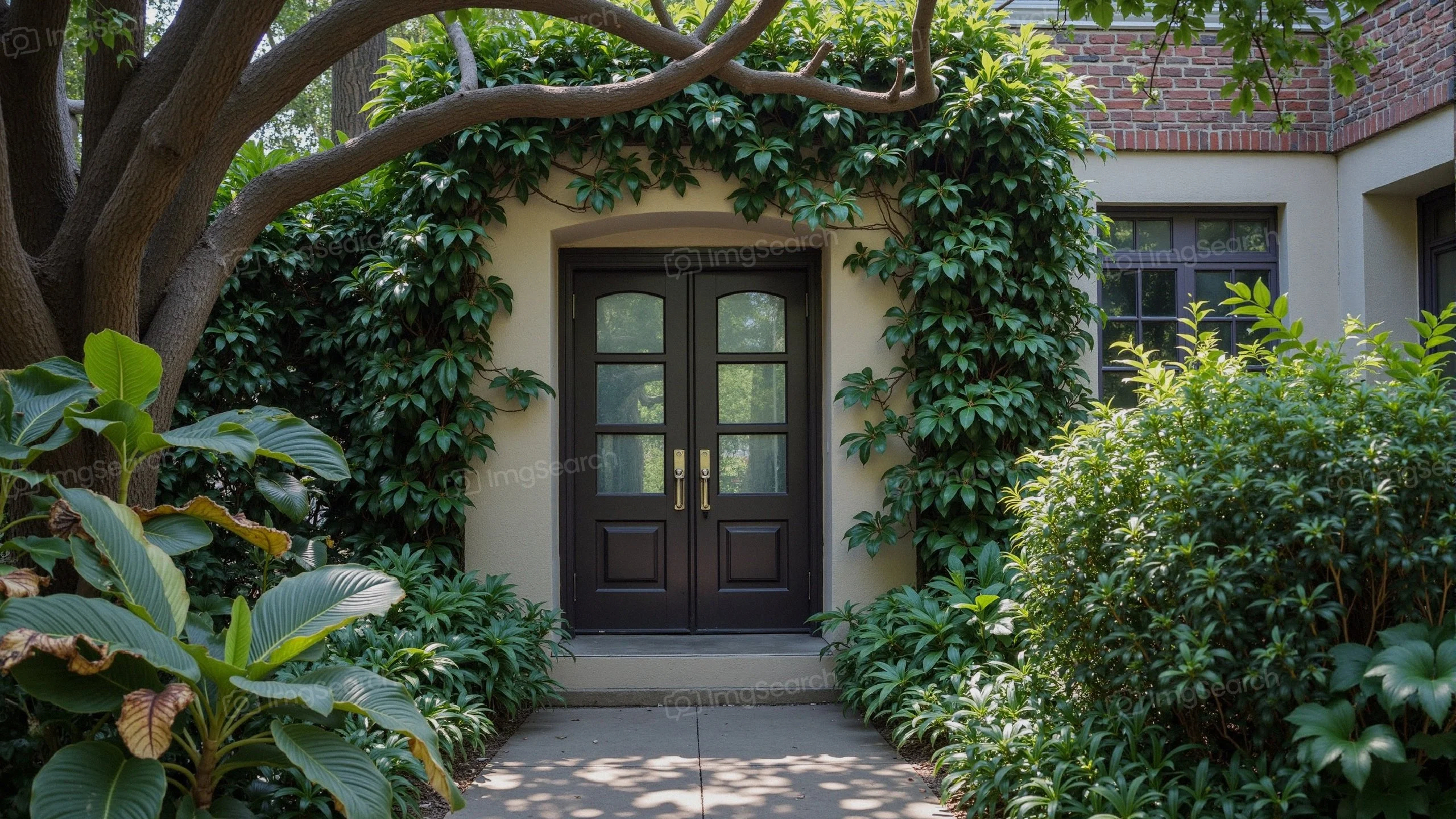 An inviting entryway surrounded by lush green plants foliage.