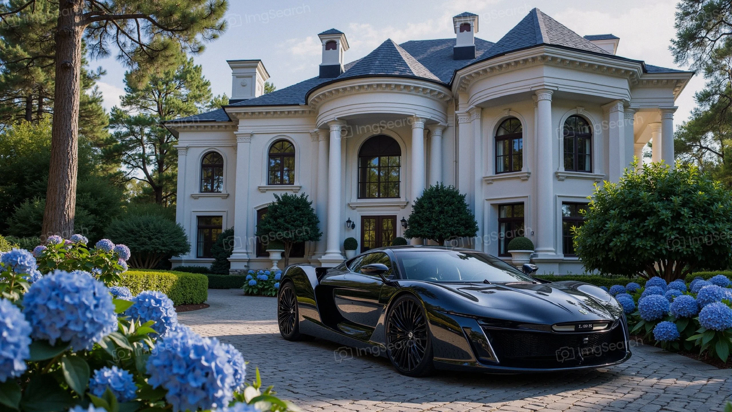 A black supercar parked in front of an elegant mansion surrounded by gardens filled with hydrangeas.