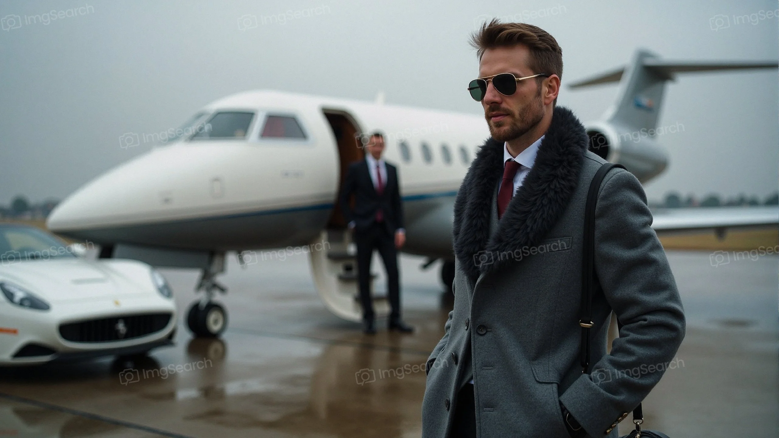 A stylish man in a grey overcoat sunglasses standing in front of a private jet with a luxury car nearby.