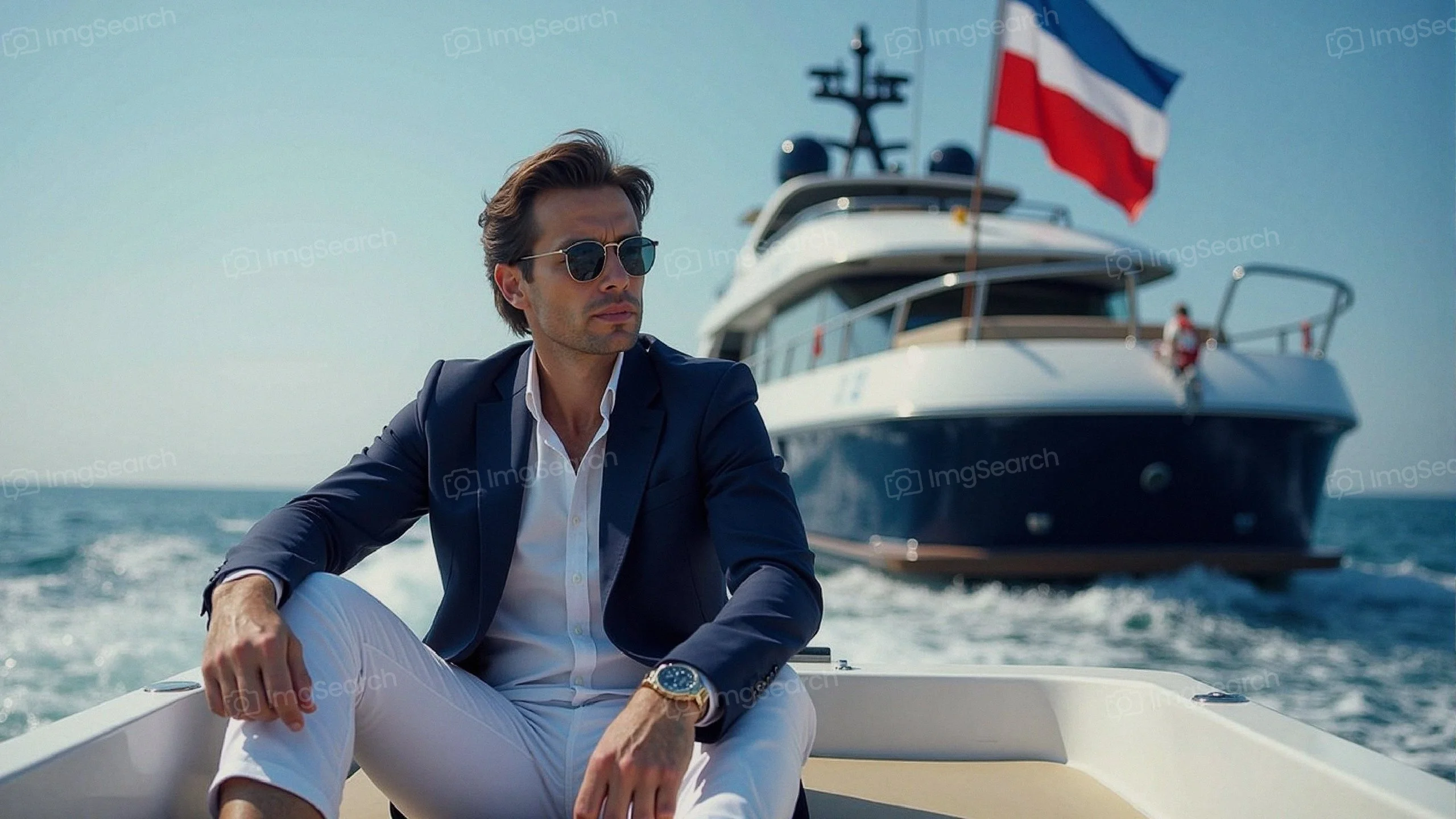 A fashionable man relaxing on a yacht with sunglasses a blazer against a stunning ocean backdrop.