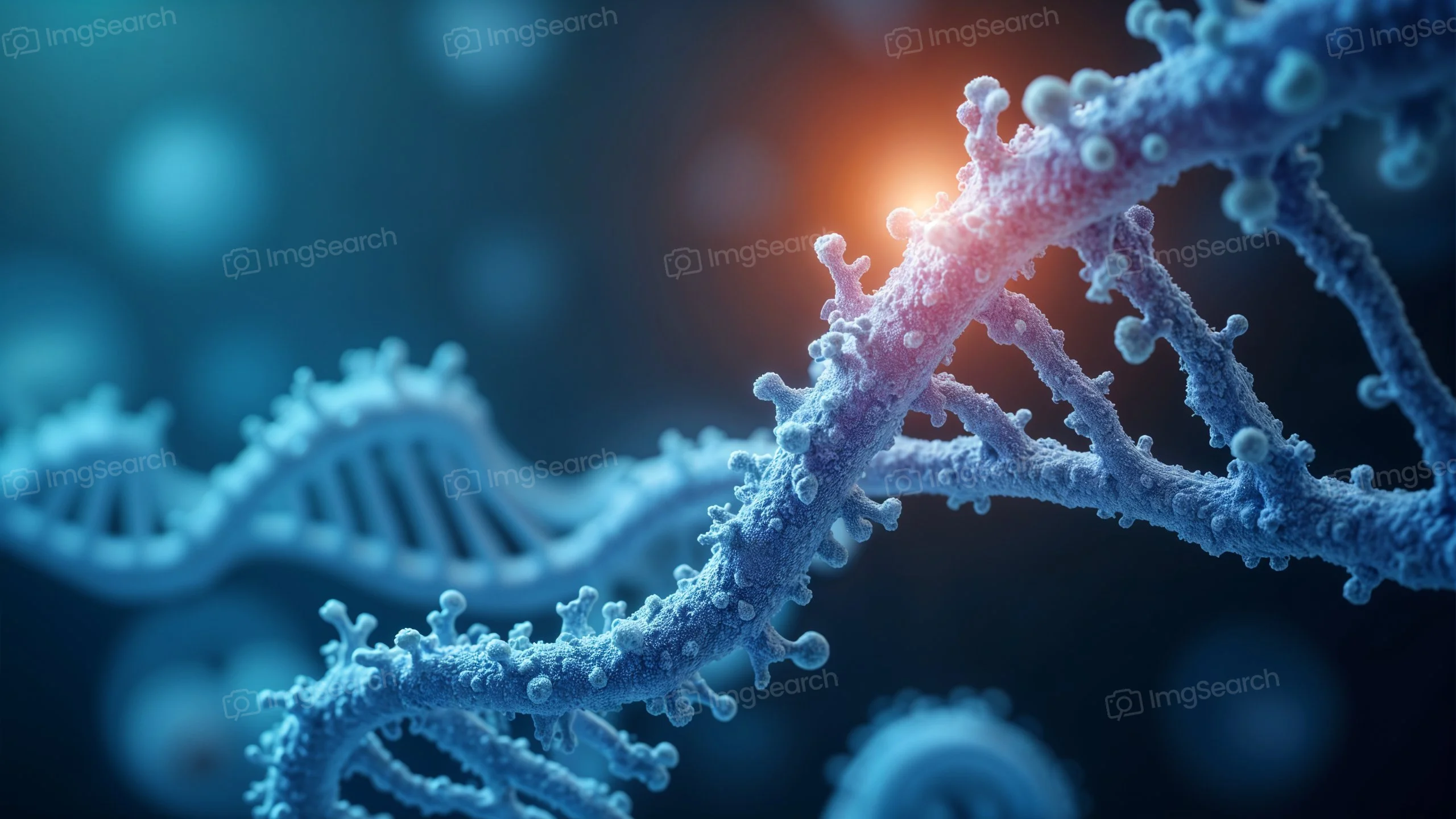 Close-up of a DNA helix with molecular details