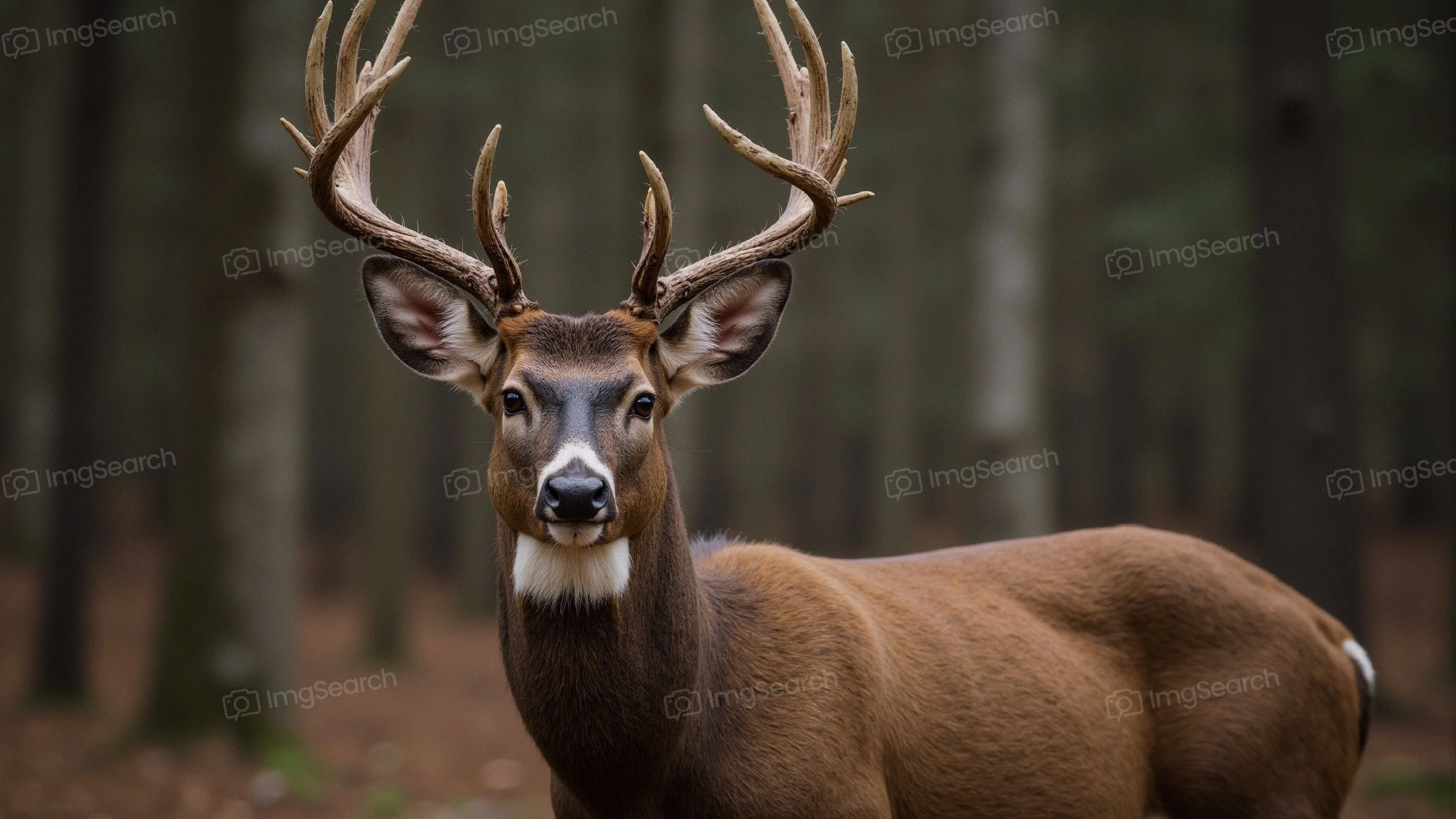 A majestic buck with impressive antlers standing in a tranquil forest.