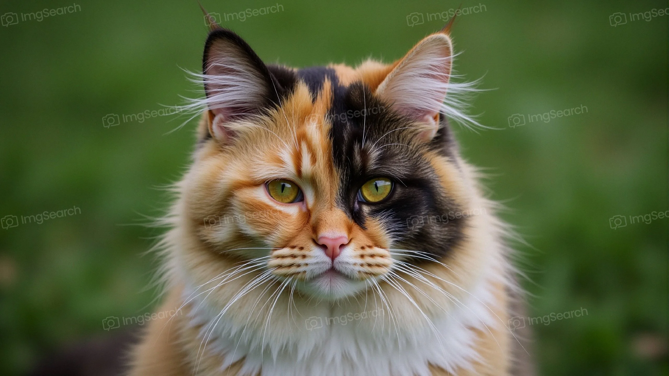 Portrait of a calico cat with striking fur colors green eyes against a blurred green background.