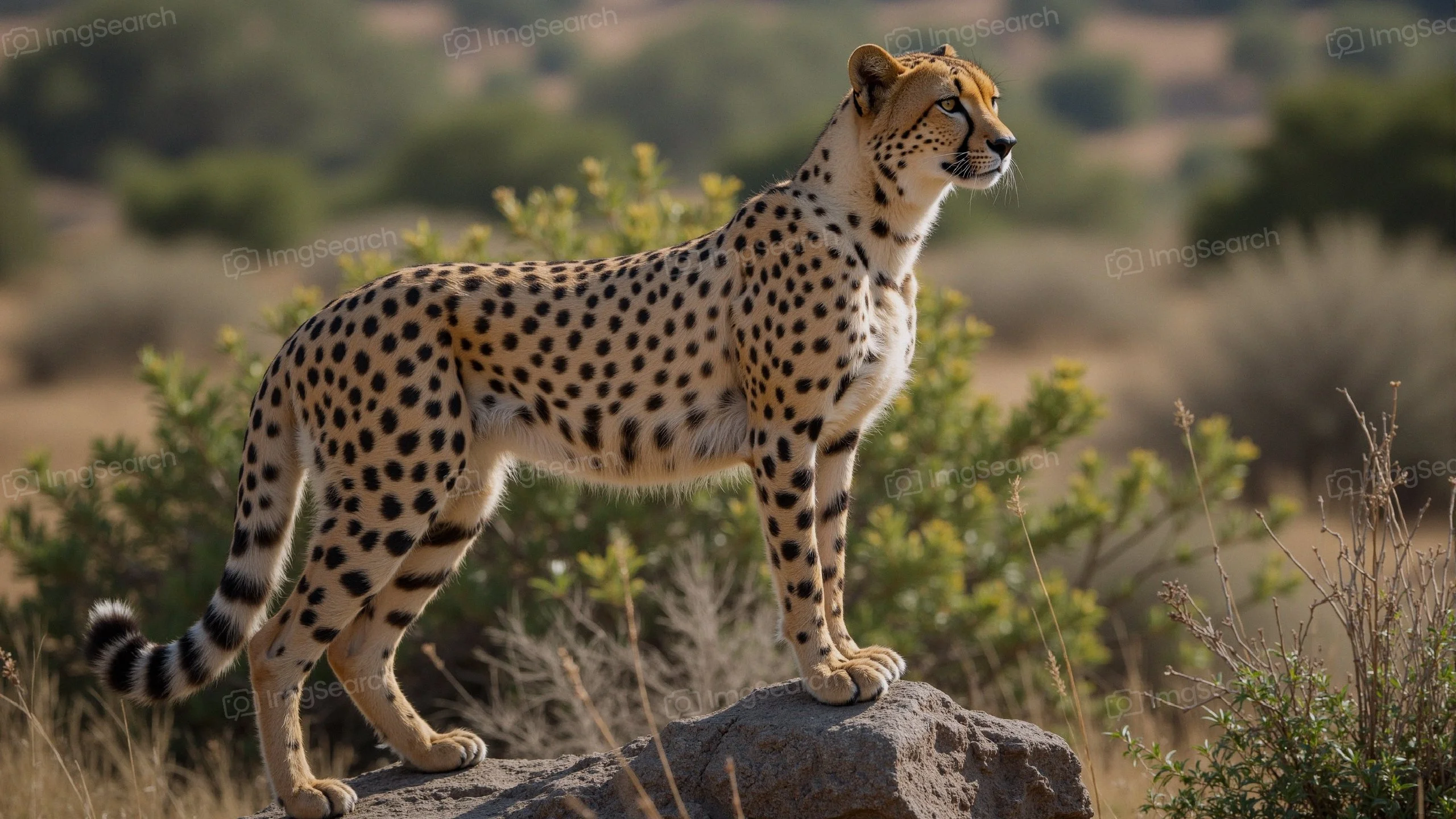 A cheetah standing on a rock in a natural landscape