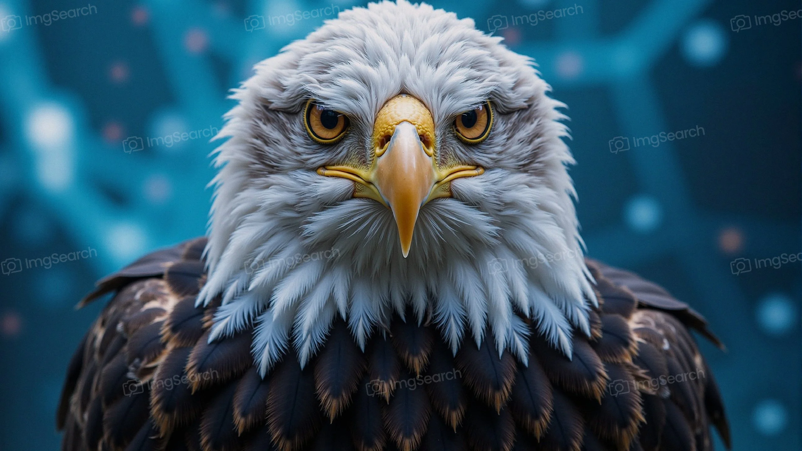 A close-up of a majestic eagle with a detailed feathers intense gaze against a blue abstract background.