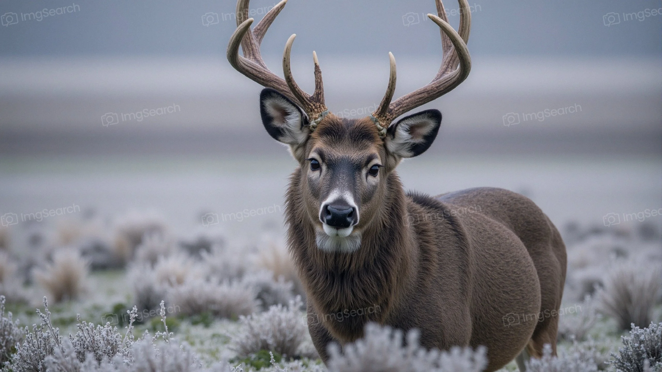 A majestic stag with impressive antlers stands in a frosty landscape