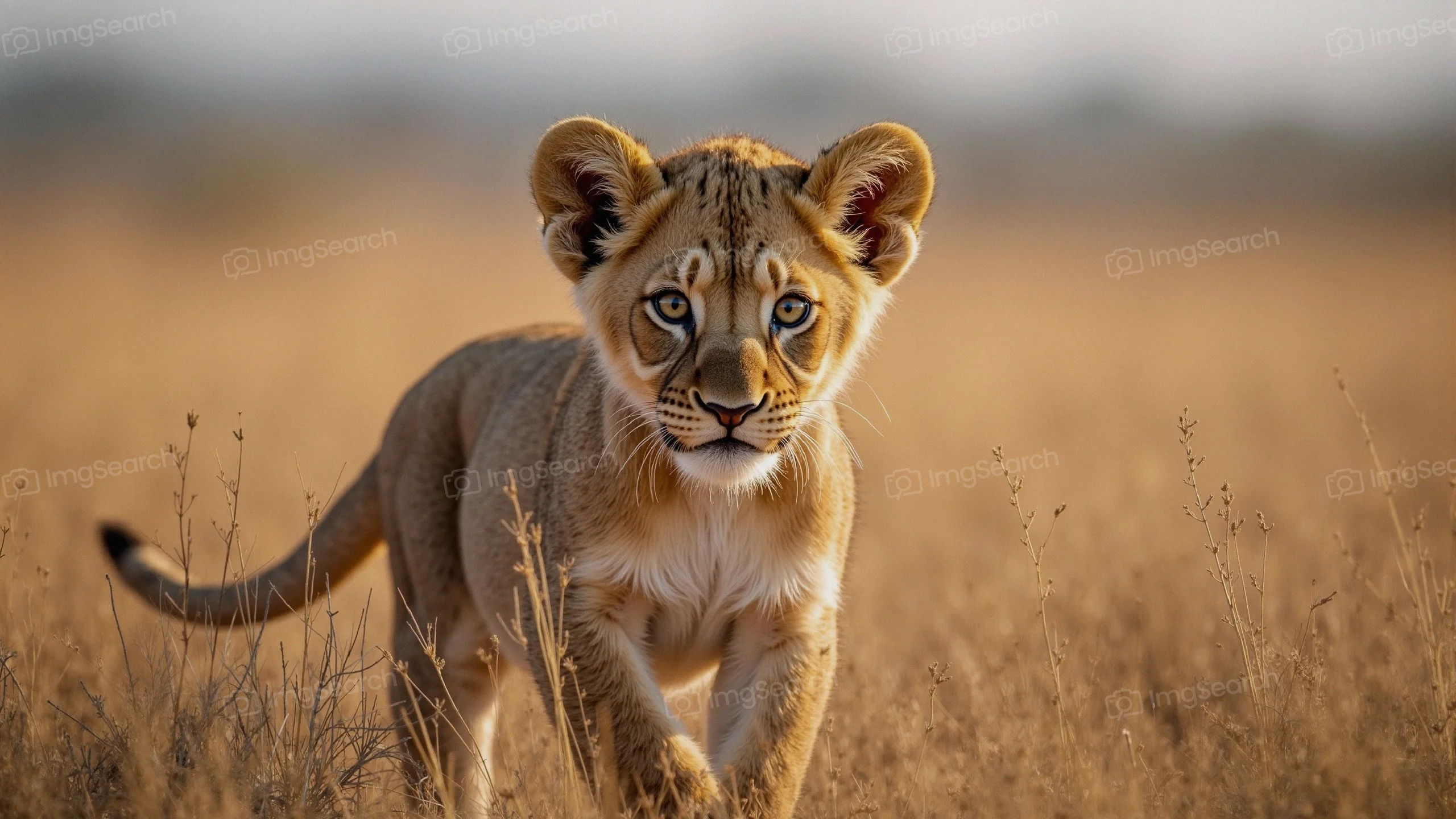 A young lion cub walking through tall grass with striking blue eyes.