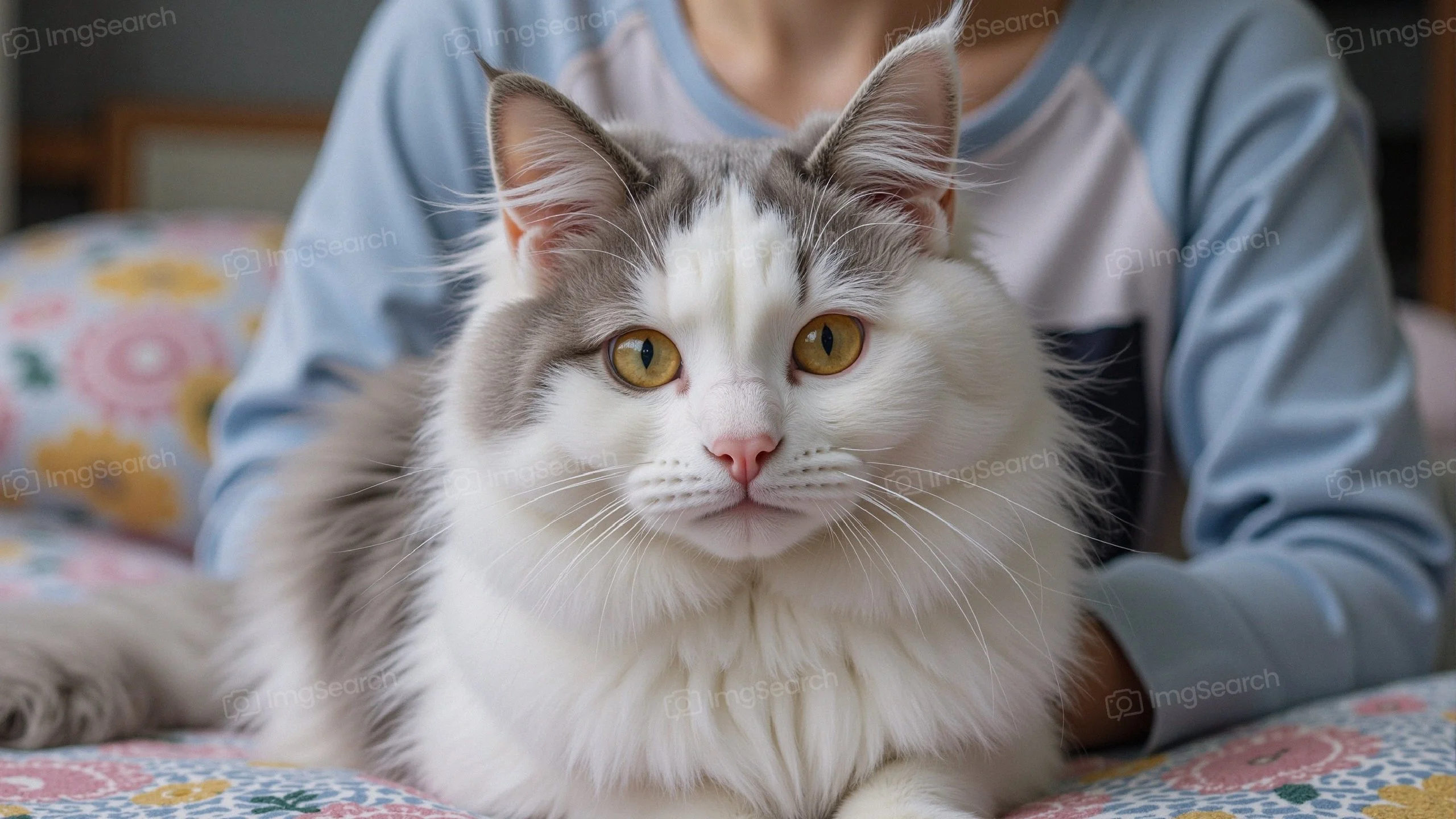 A beautiful Maine Coon cat with yellow eyes lying on a bed with a floral pattern.