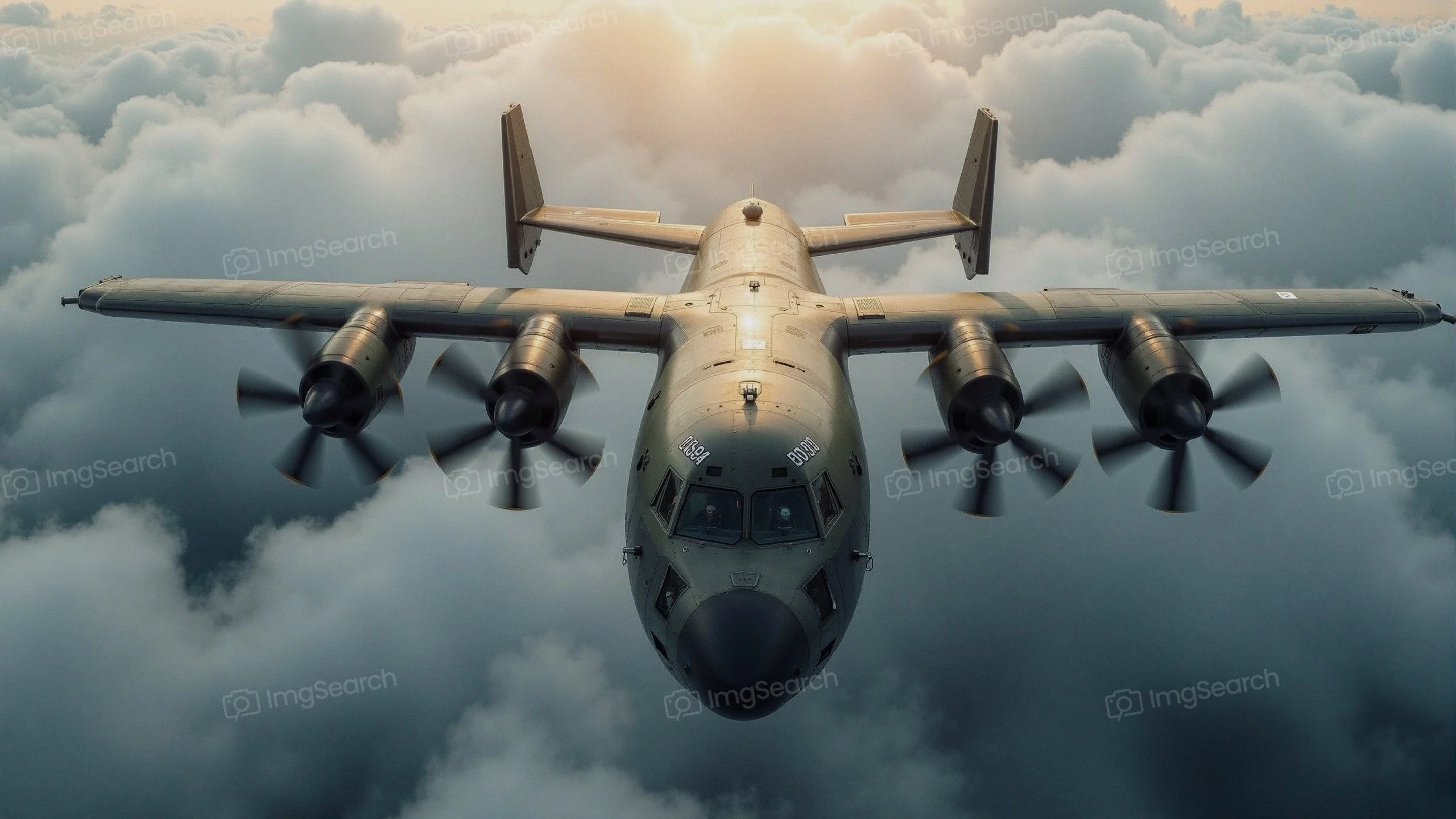 A maritime patrol aircraft flying above fluffy clouds with sunlight in the background.