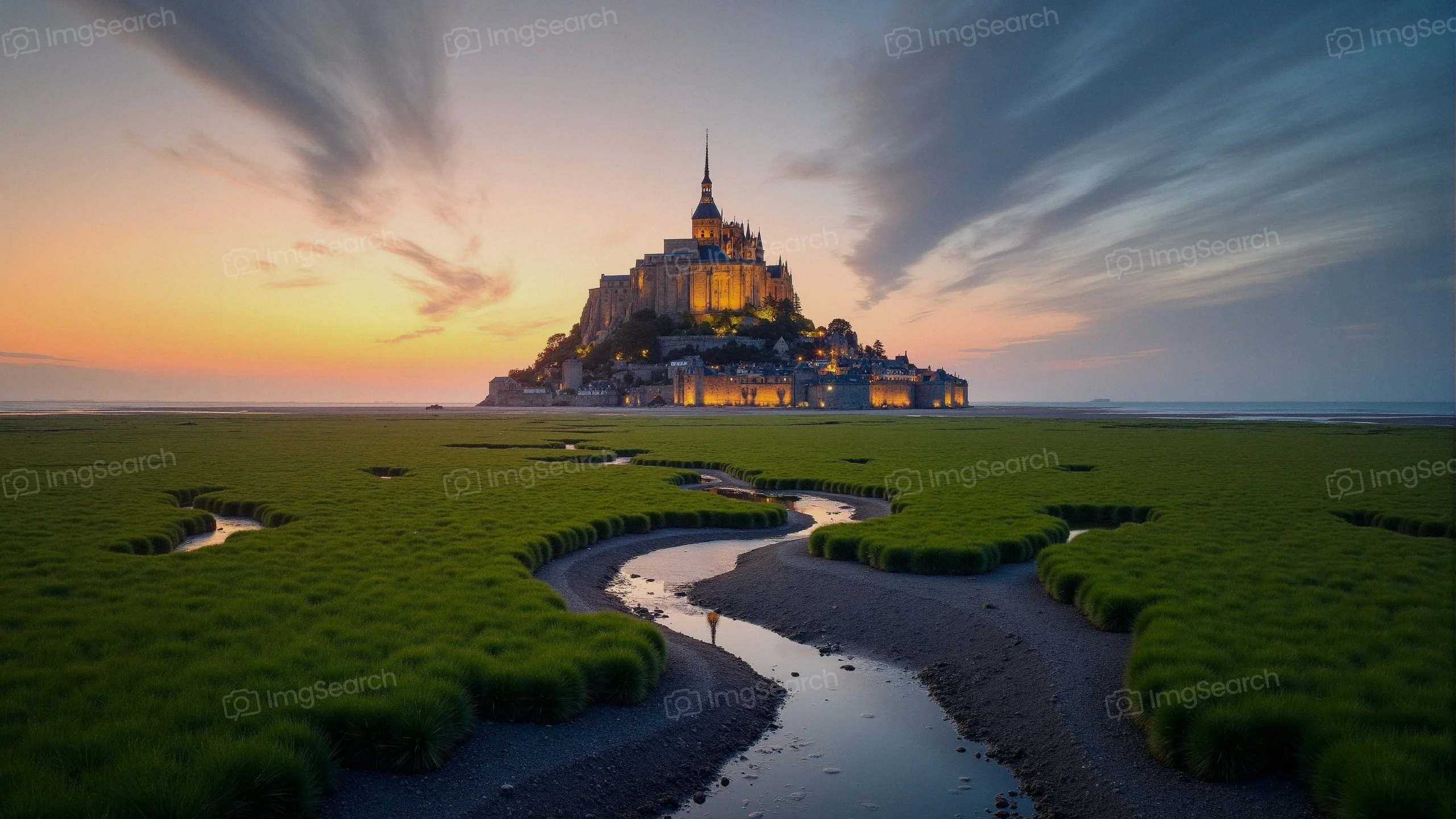 A scenic view of Mont Saint-Michel illuminated by sunset, surrounded by lush greenery a winding stream.