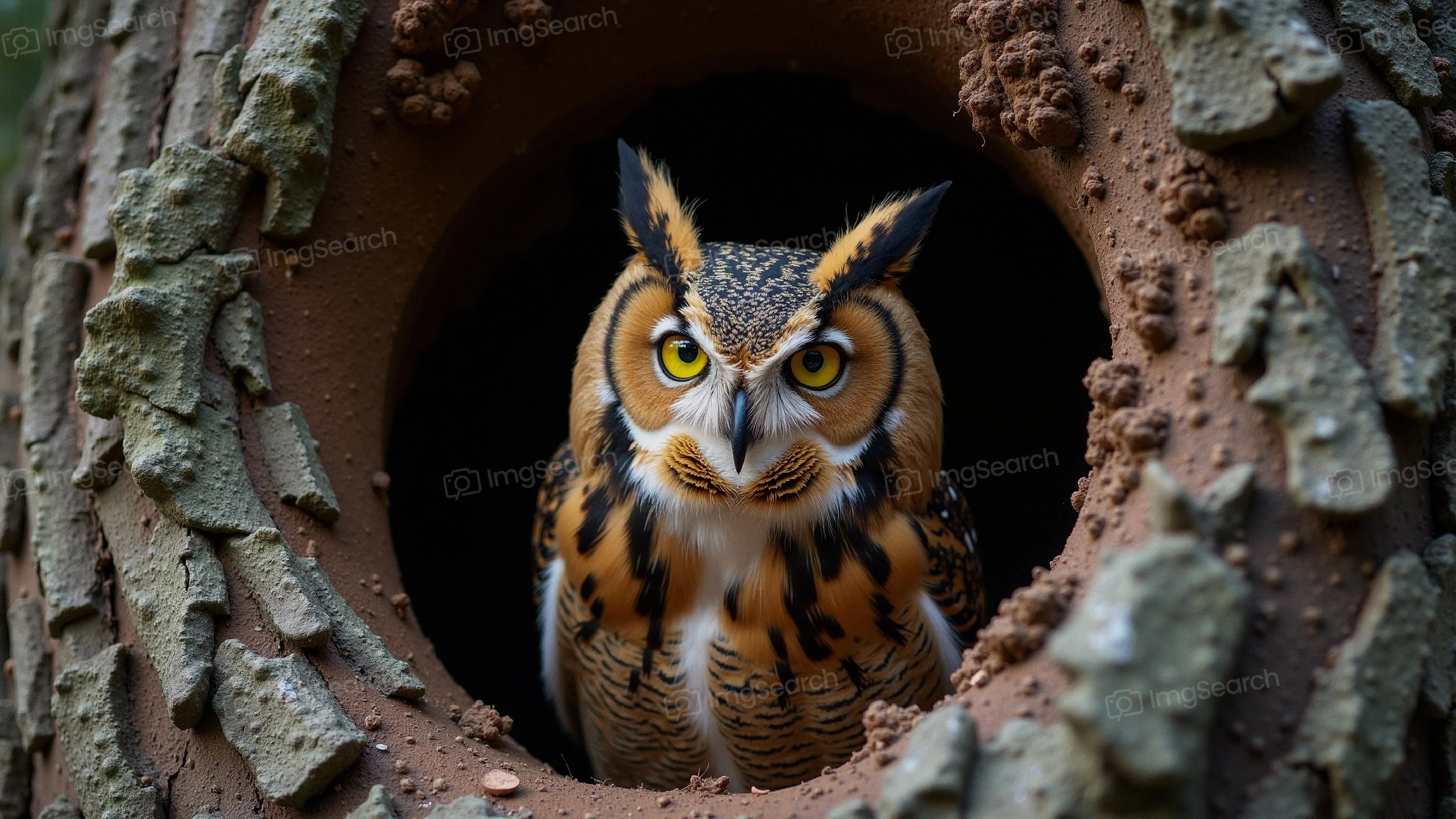Close-up of a majestic owl with distinctive feathers peering from a tree hollow.