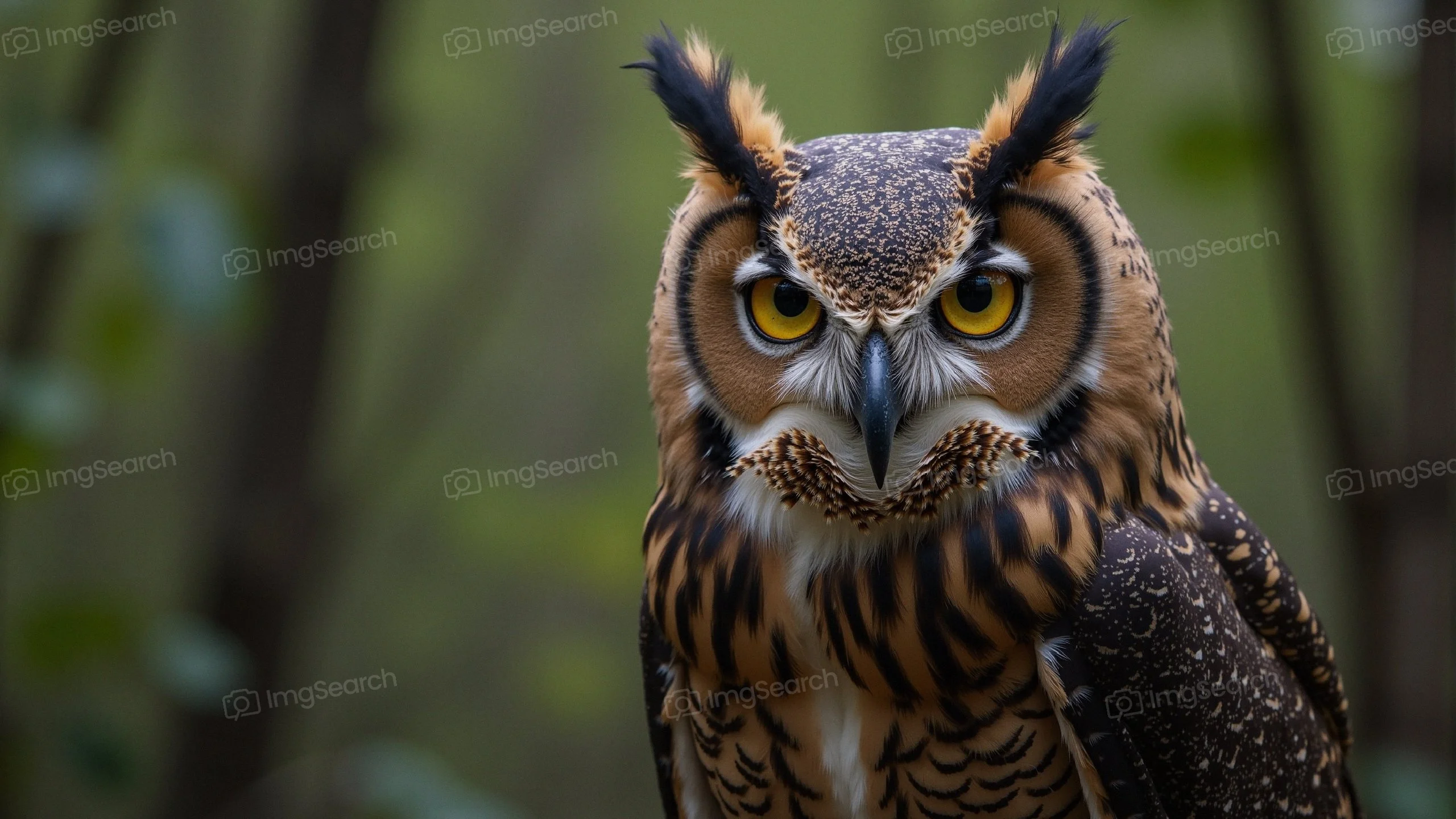 A close-up of a majestic owl with striking yellow eyes intricate feather patterns, set against a blurred forest background.
