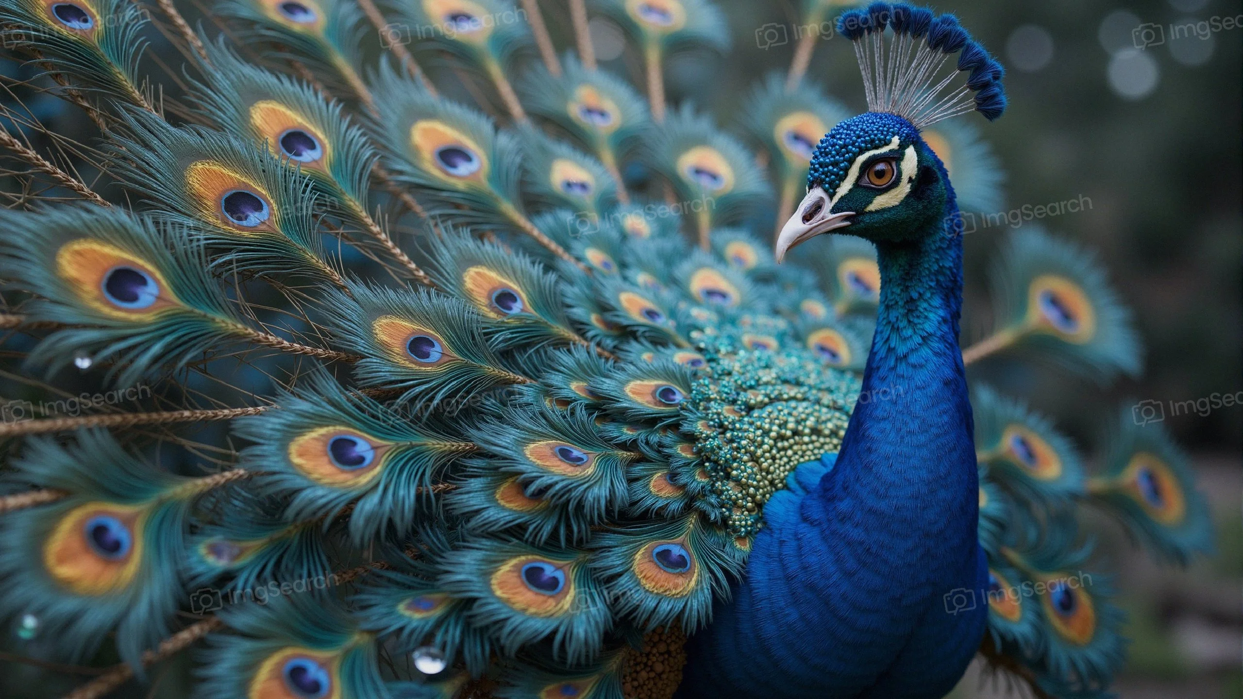 A peacock with blue green feathers, displaying its tail in a beautiful manner.