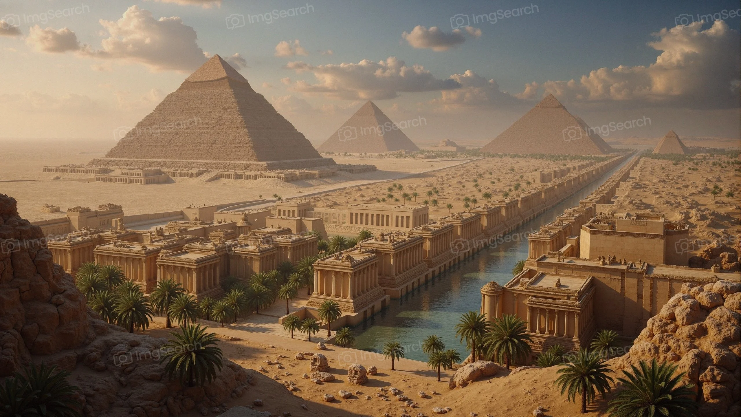 View of the Pyramids of Giza with a sunset in the background