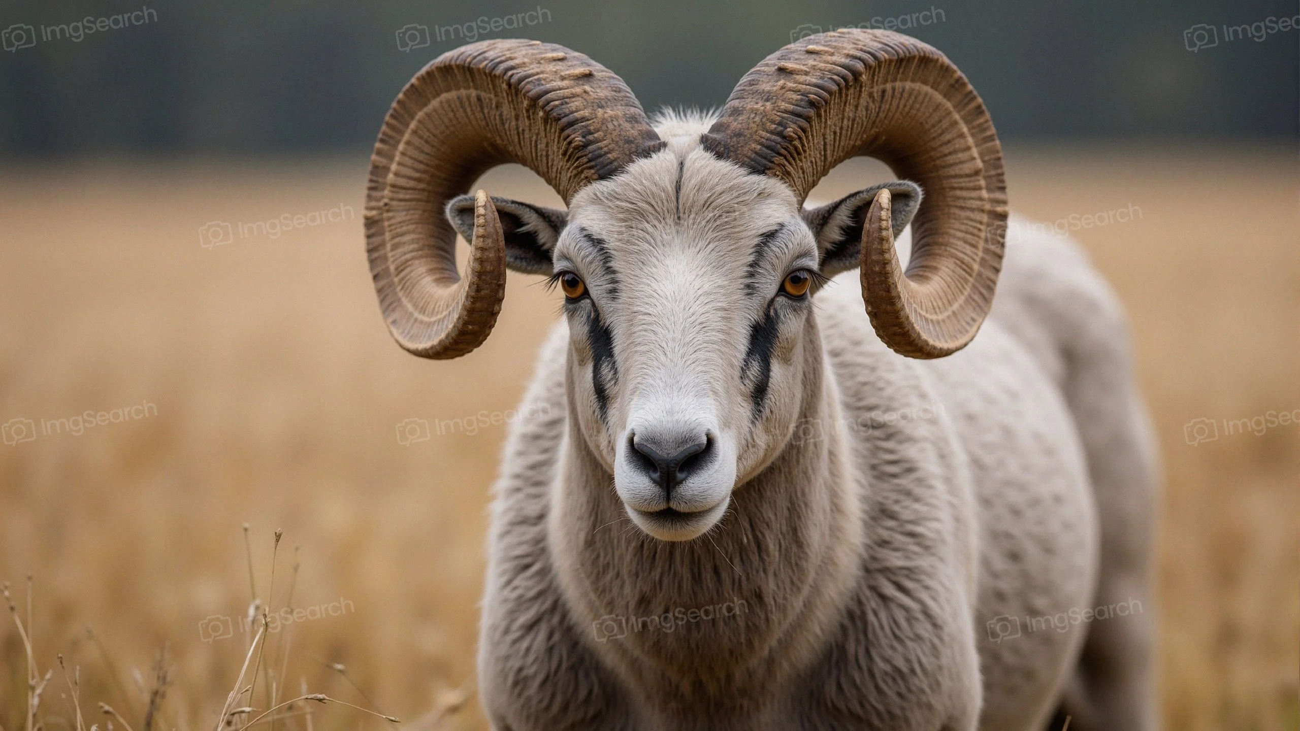 Close-up of a ram with curly horns in a golden meadow