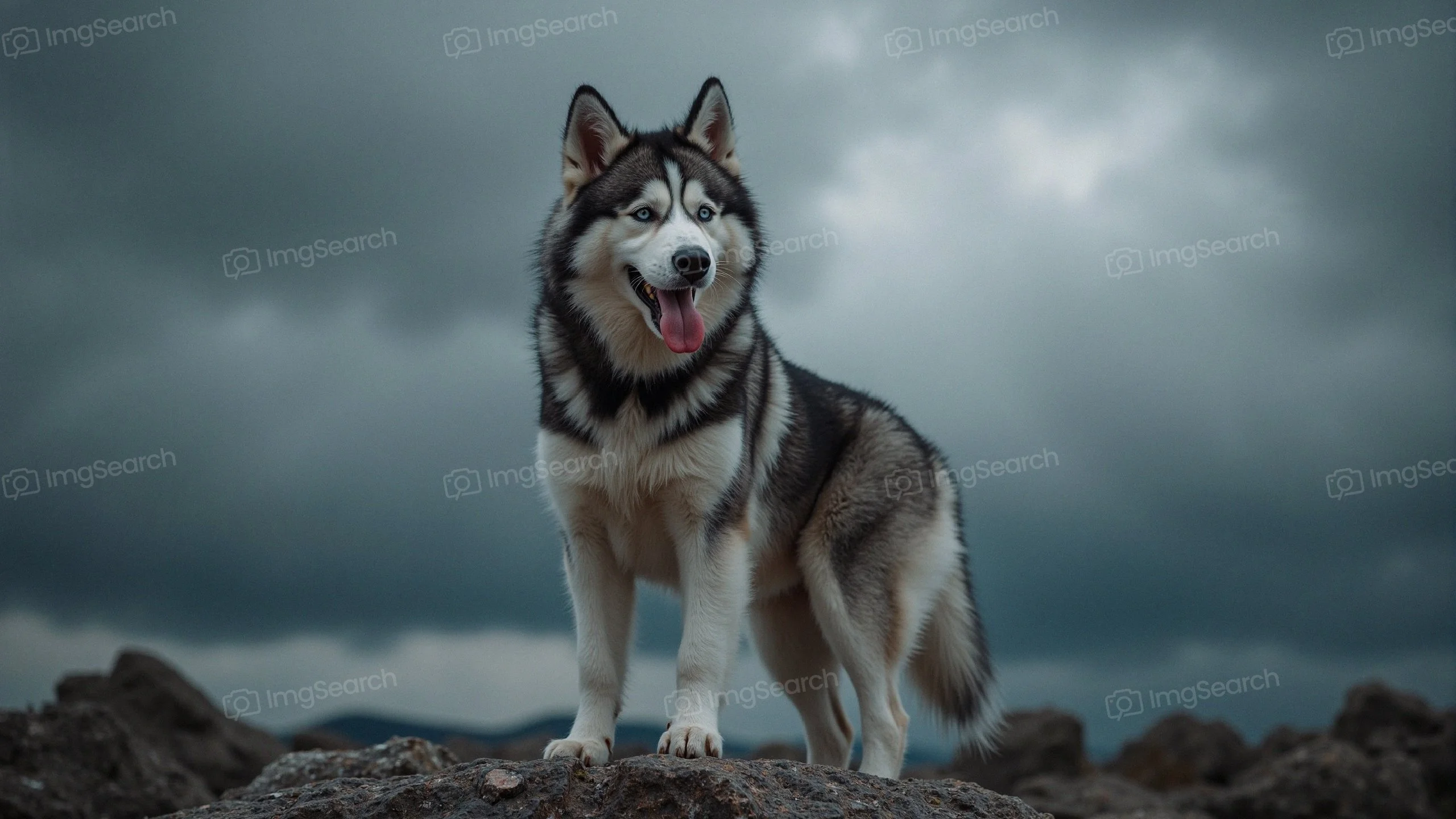 A Siberian Husky standing on rocky terrain with a cloudy sky in the background