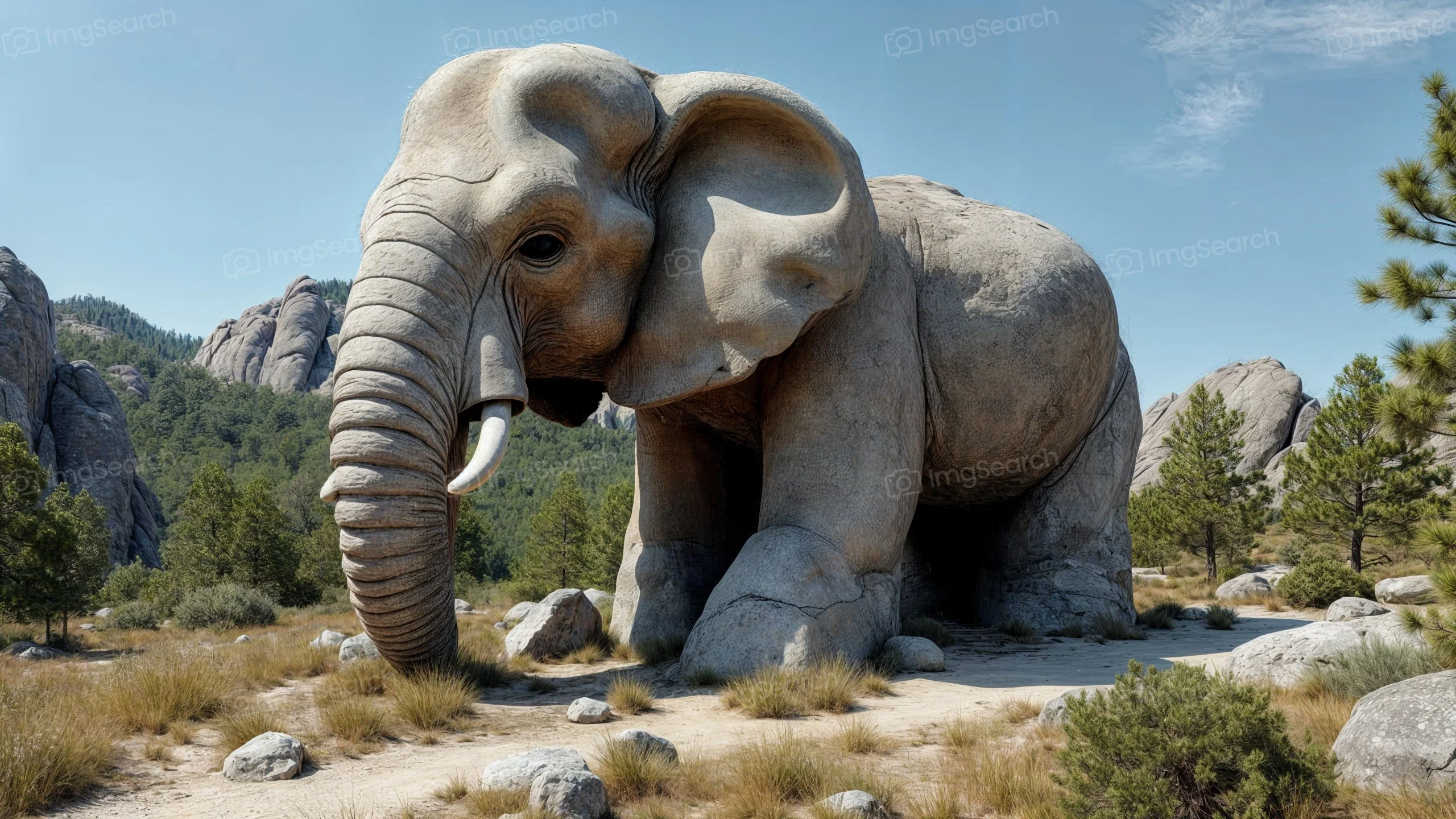 A grand stone elephant sculpture set in a natural landscape with trees and rocky formations.