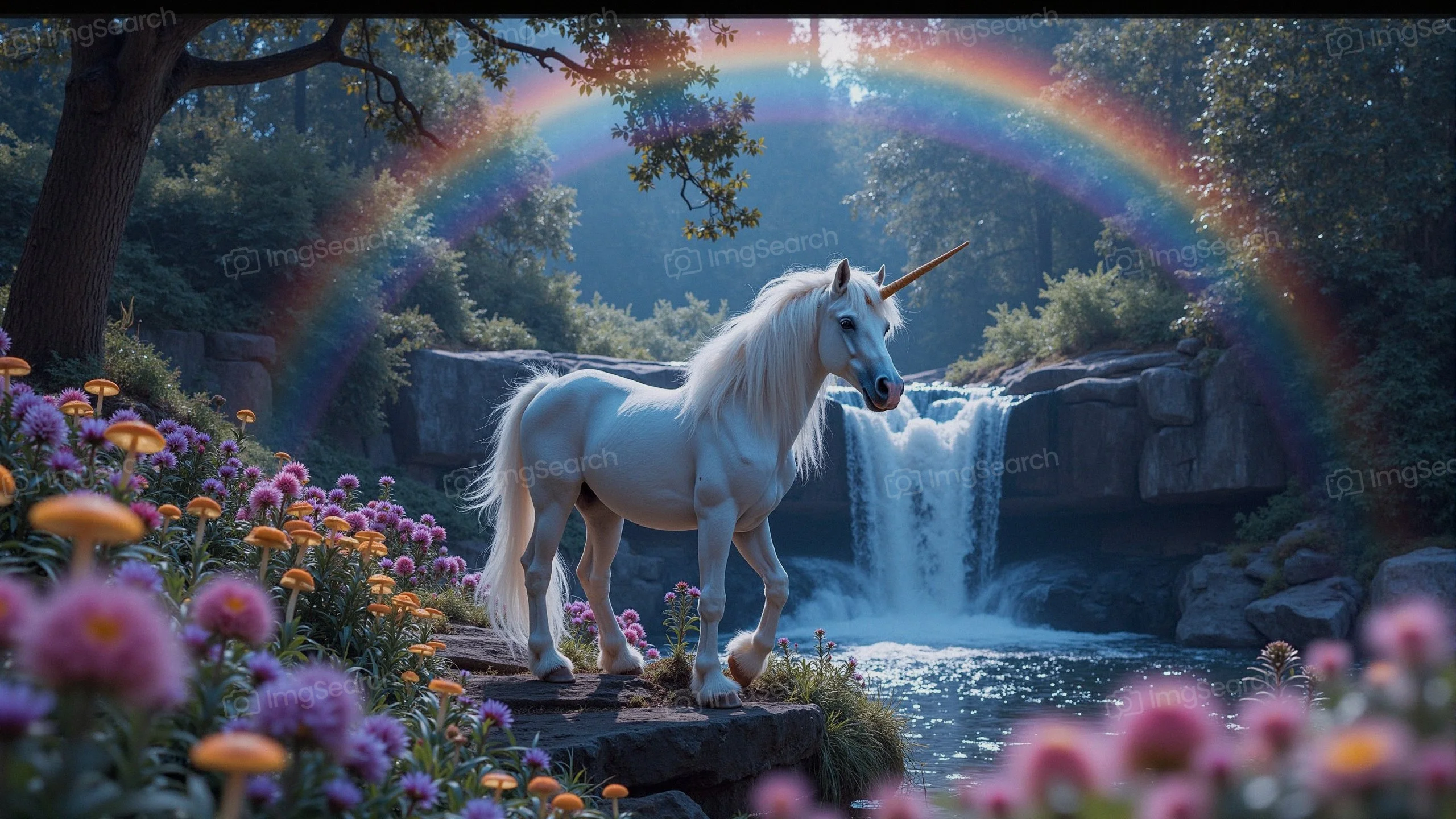 A unicorn beside a waterfall with a rainbow in the background colorful flowers around.