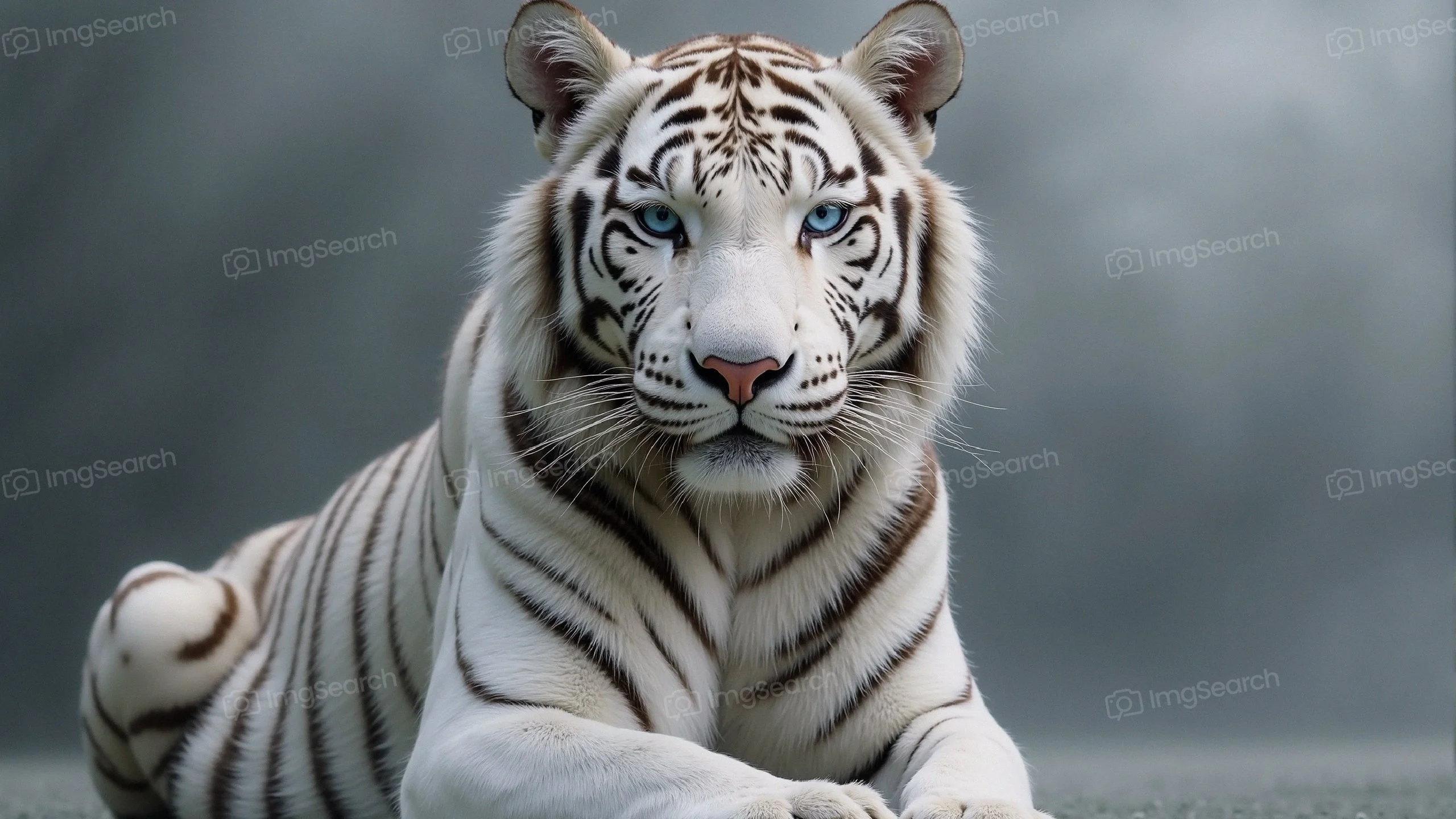 A white tiger with blue eyes resting elegantly on a soft surface.