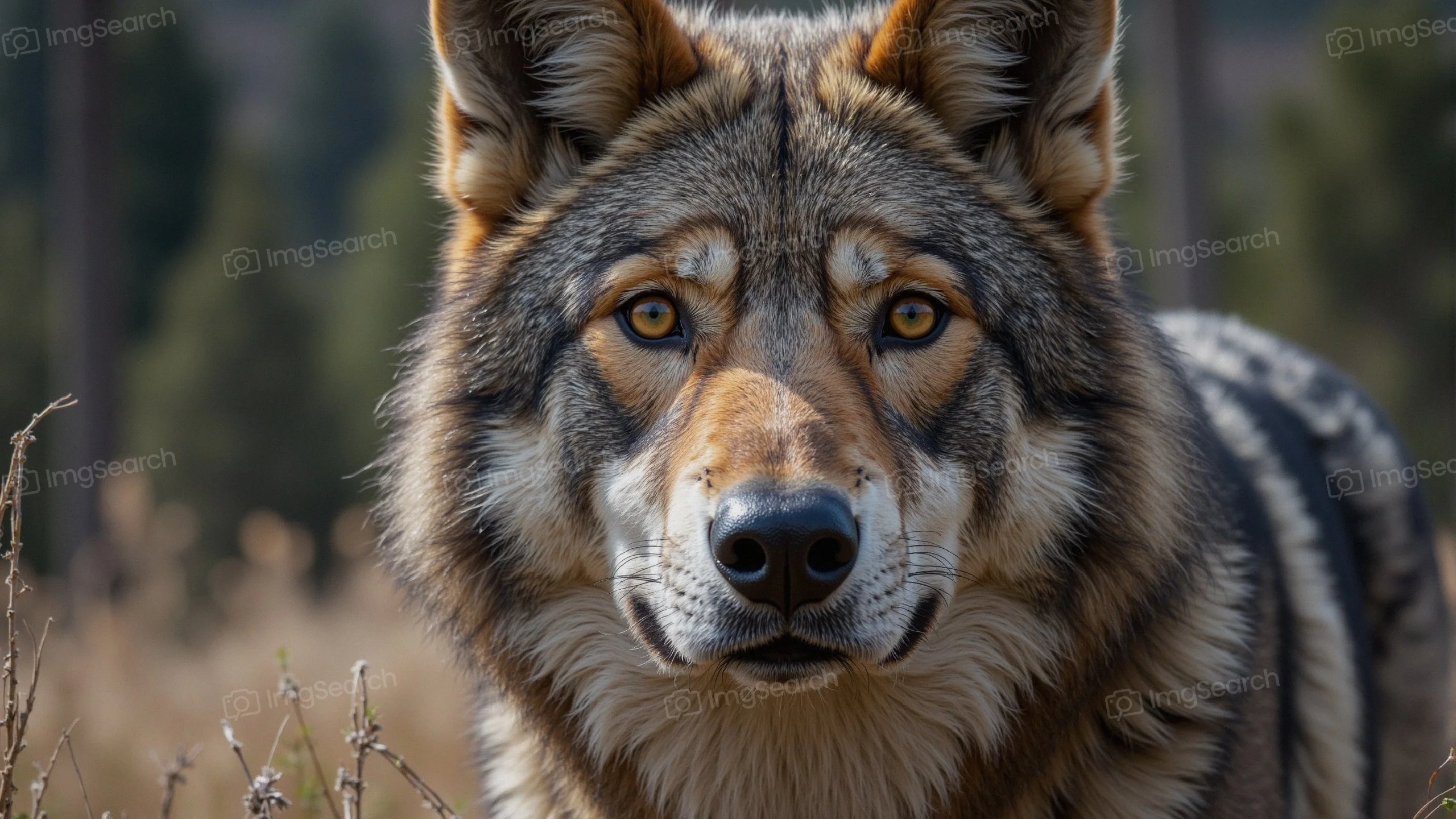 A close-up portrait of a majestic wolf with striking eyes in a natural setting.
