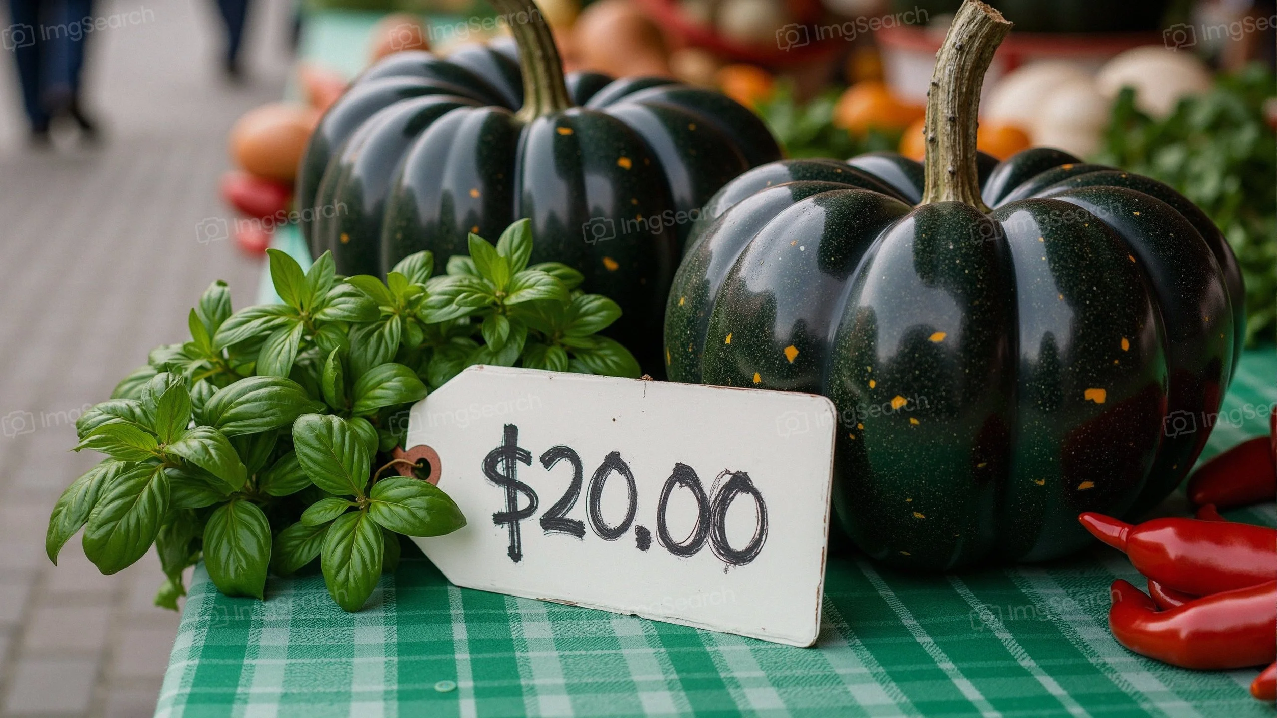 Two green pumpkins fresh basil on a table with a price tag of twenty dollars.