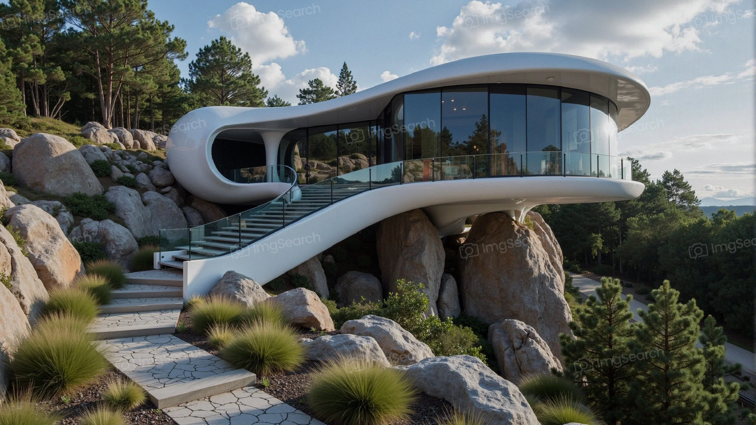 A modern white house with a curved design situated on rocky terrain surrounded by trees.