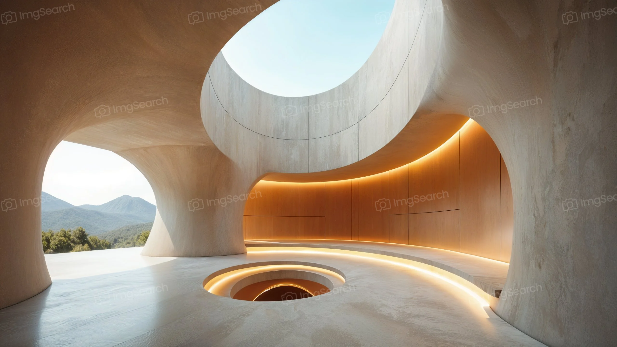 A spacious modern interior featuring curved architecture with warm lighting and wood accents.