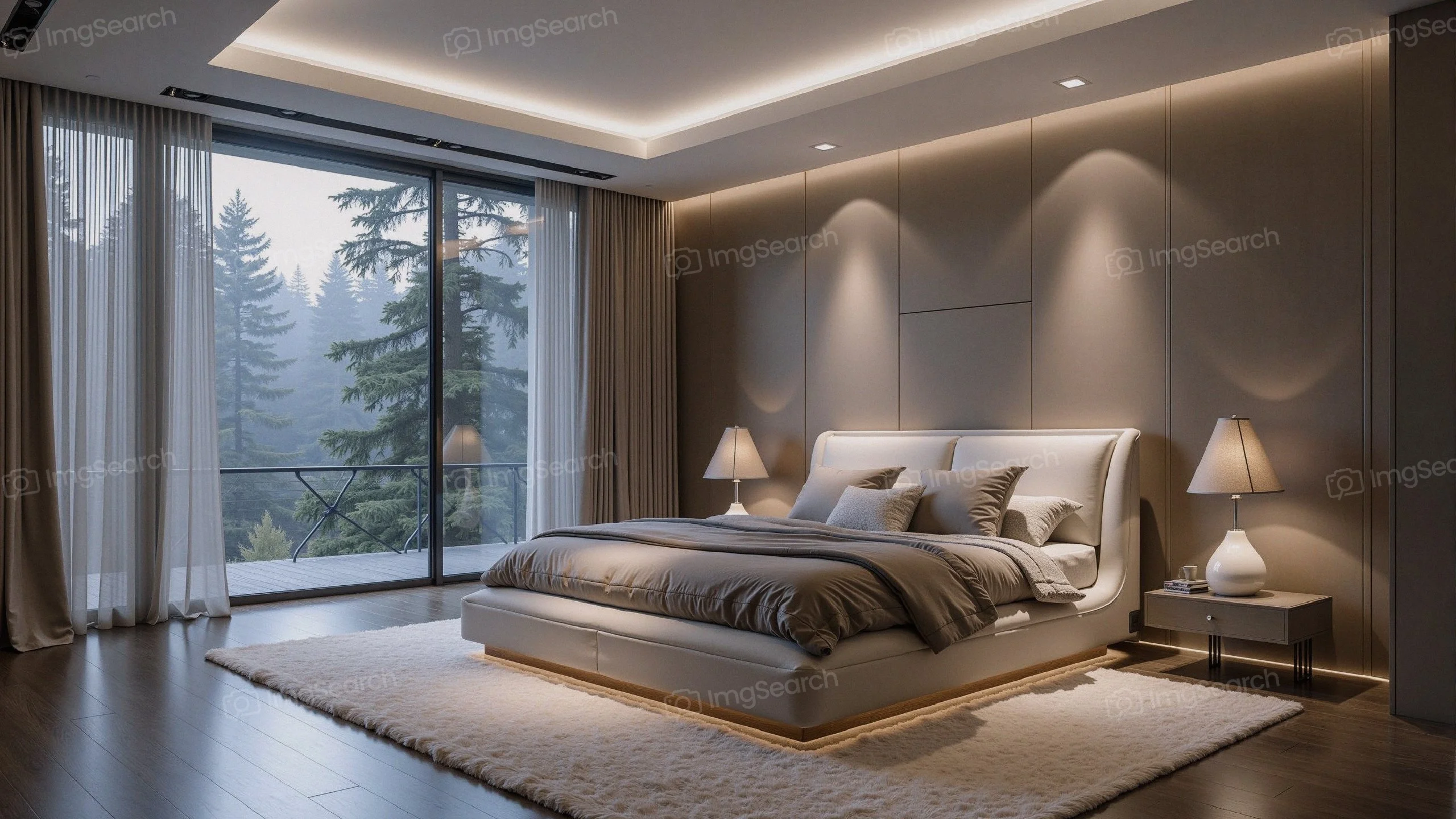 A modern bedroom with a plush bed, elegant pendant lights, large windows overlooking trees.