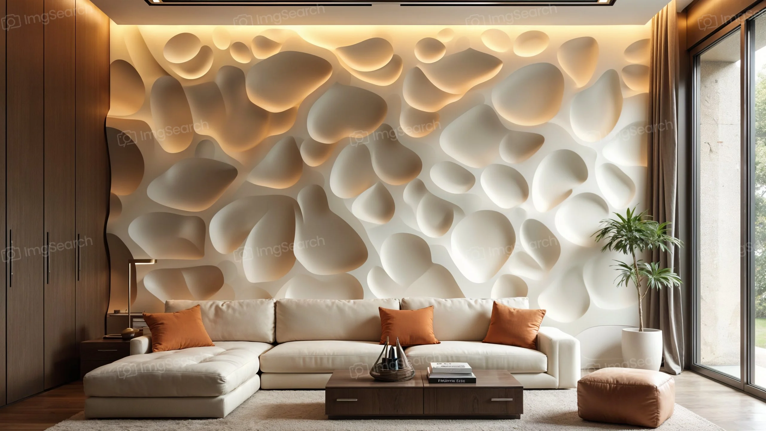 A modern living room with a textured wall and a cream-colored sofa
