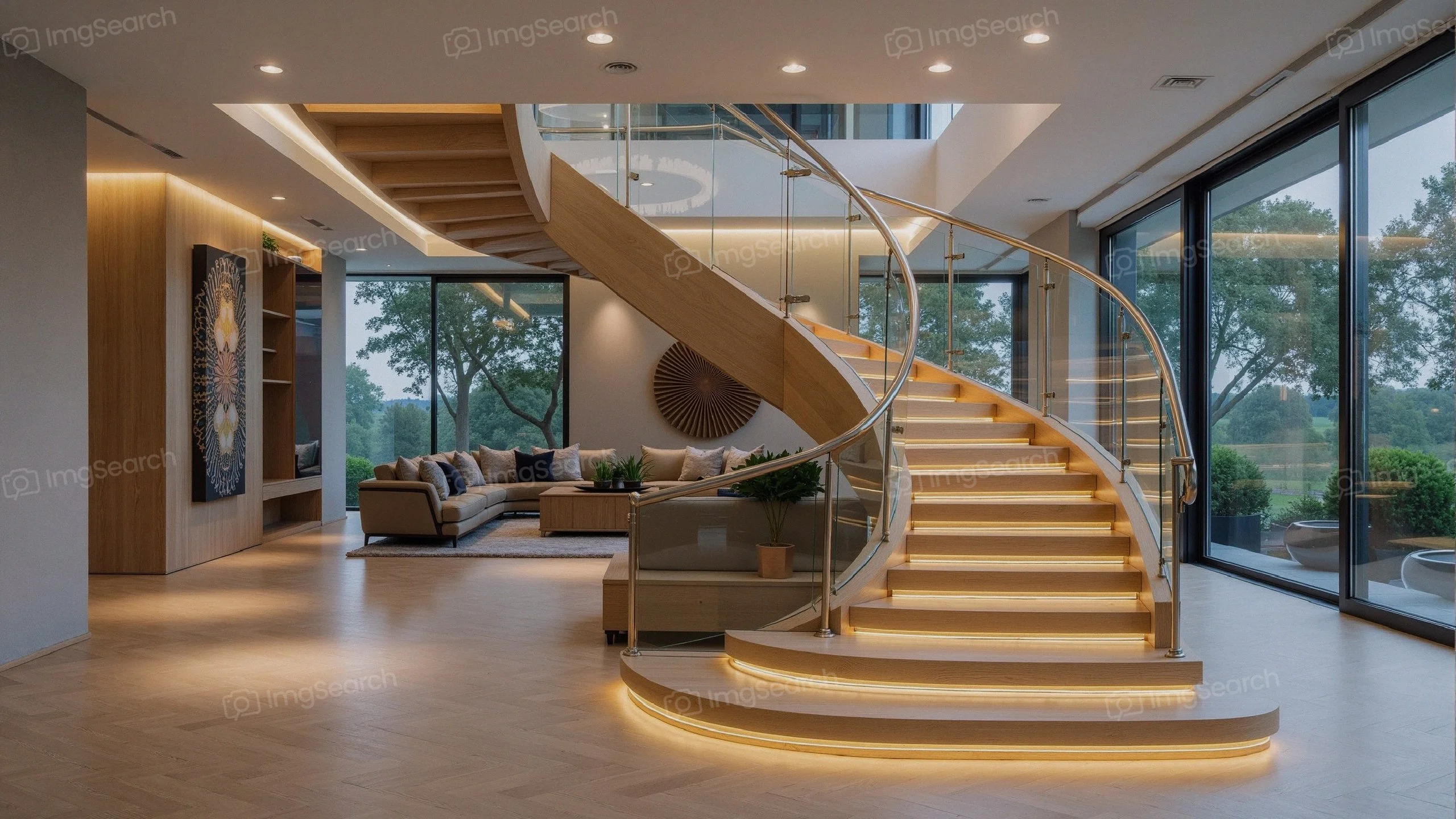 A modern spiral staircase with integrated lighting in a stylish living space featuring large windows contemporary furniture.