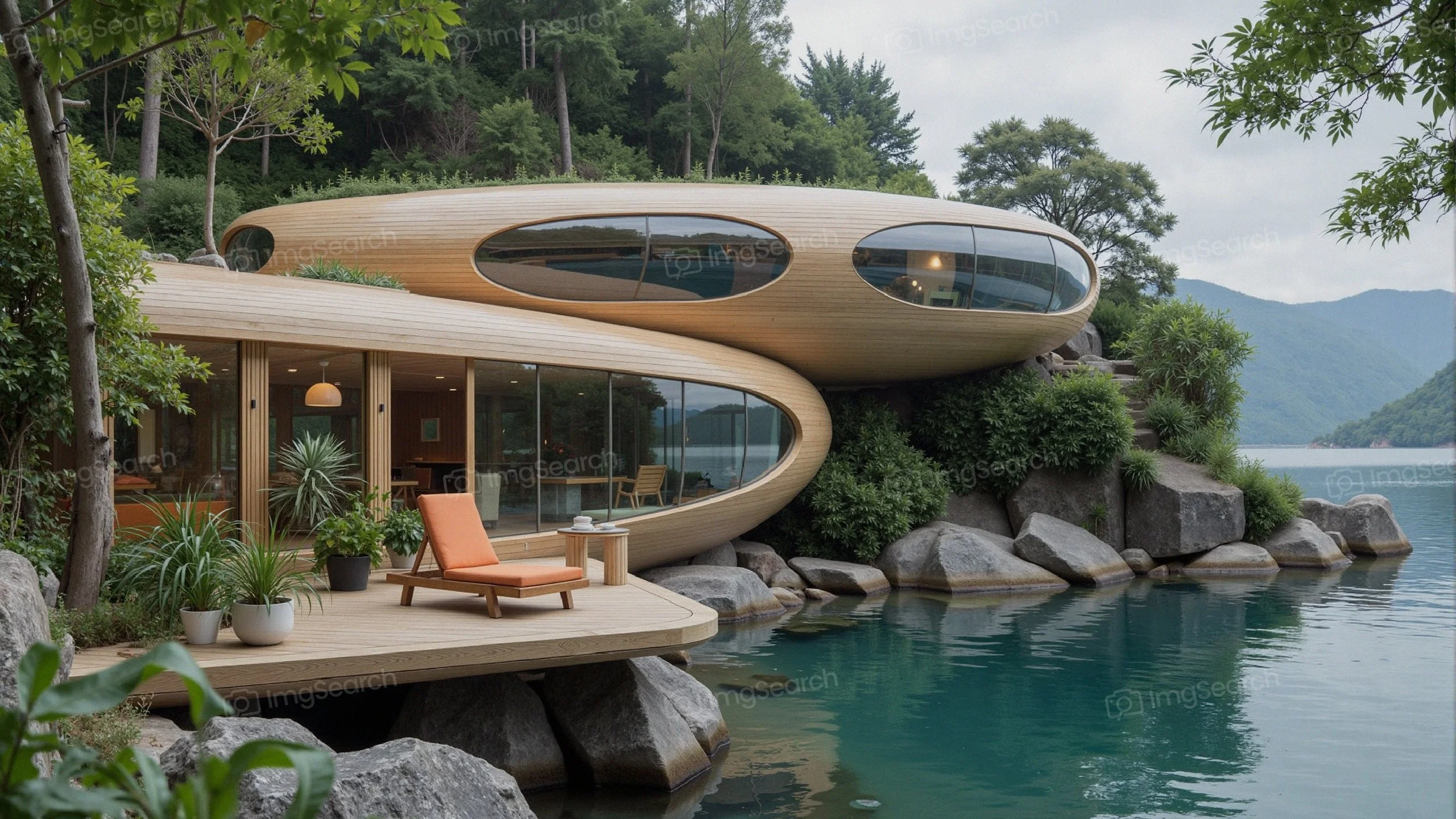 Futuristic lakeside house with organic design wooden structure