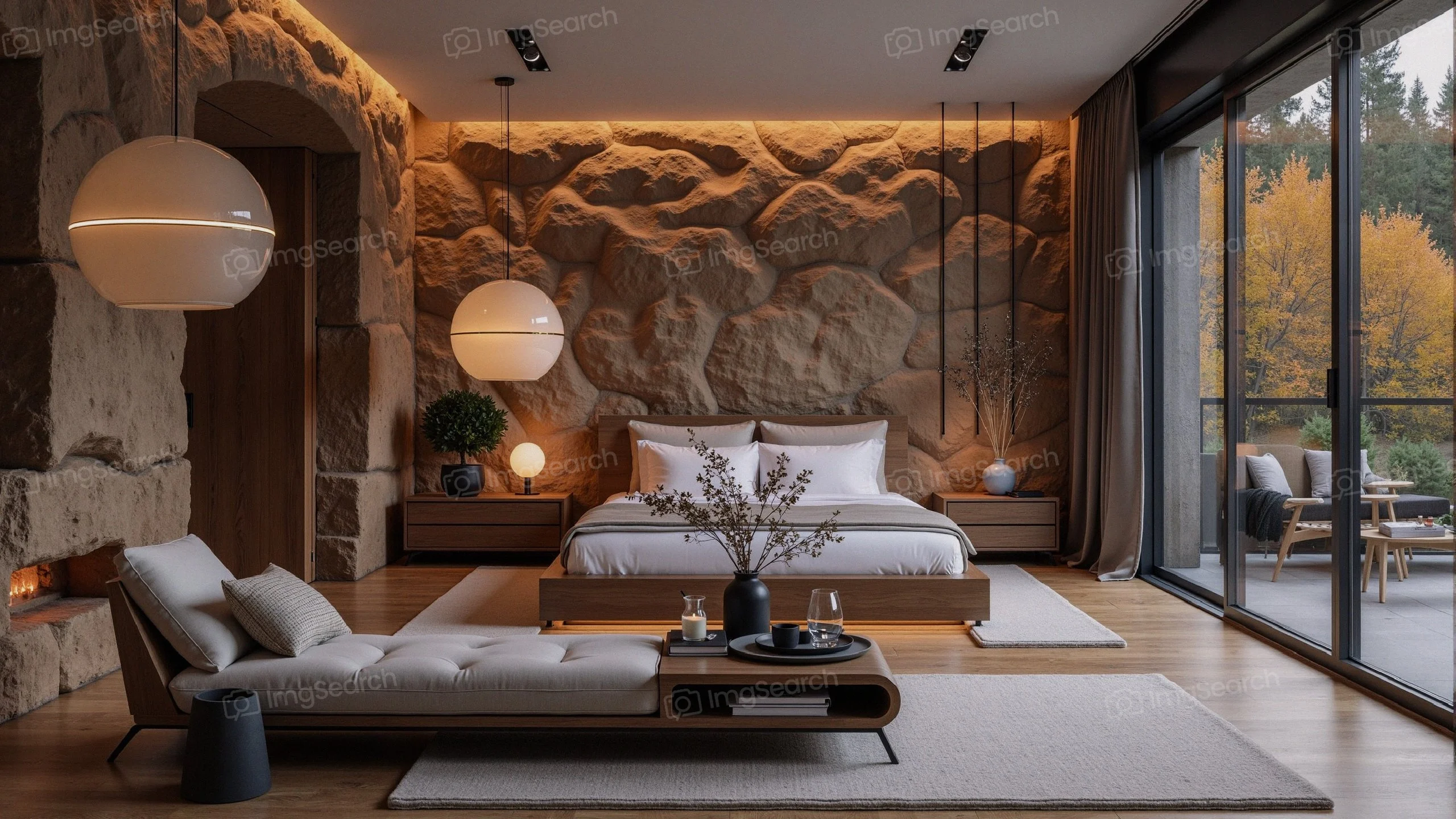 A modern rustic bedroom featuring a rock wall, plush bed, unique lighting.