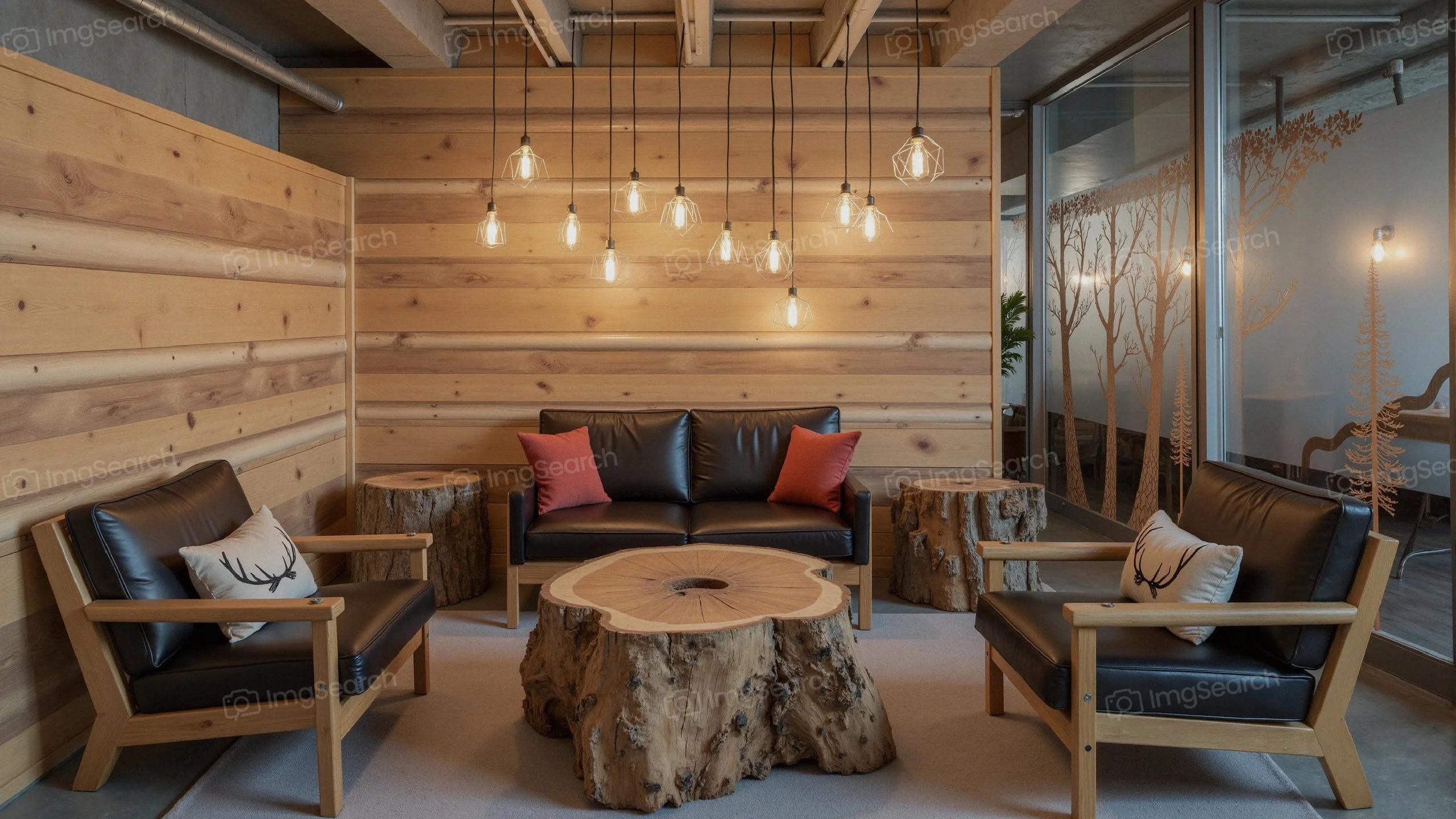 Cozy rustic lounge with leather sofa, wooden coffee table, warm hanging lights