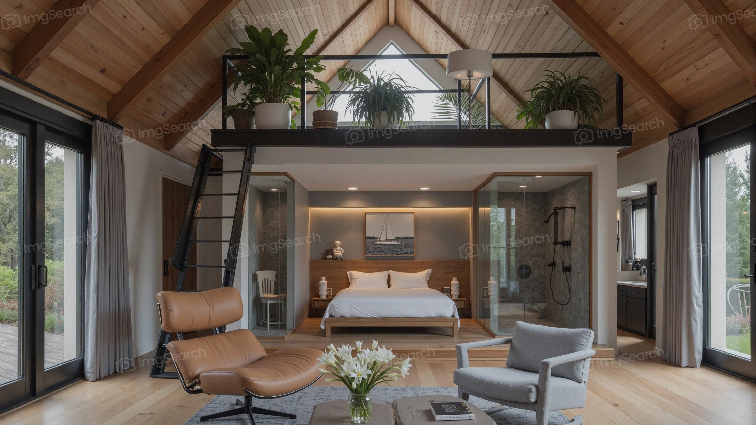 A modern Scandinavian bedroom featuring a vaulted wooden ceiling, loft area, stylish furnishings.