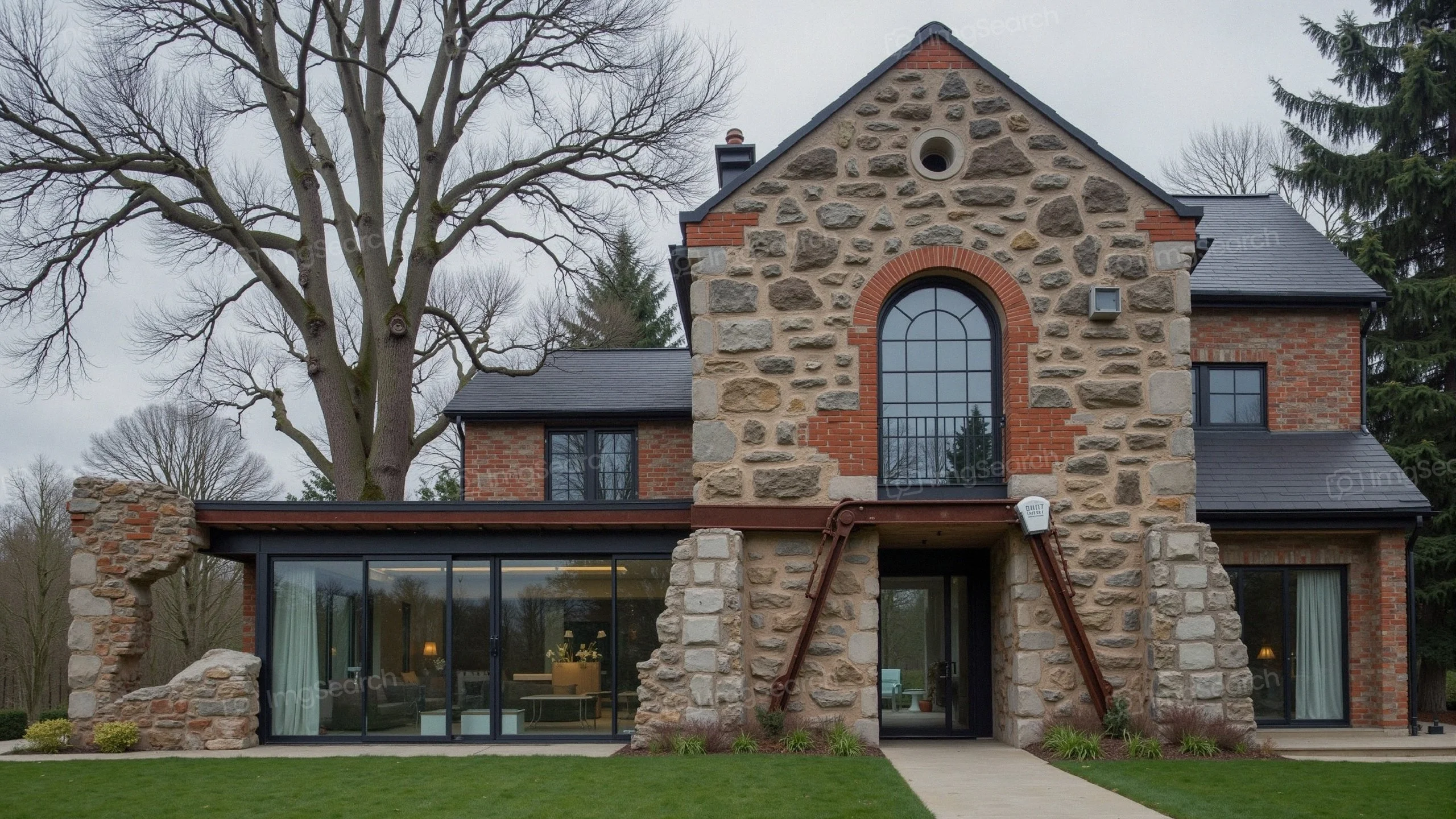 Exterior view of a modern stone brick house with large windows natural surroundings.