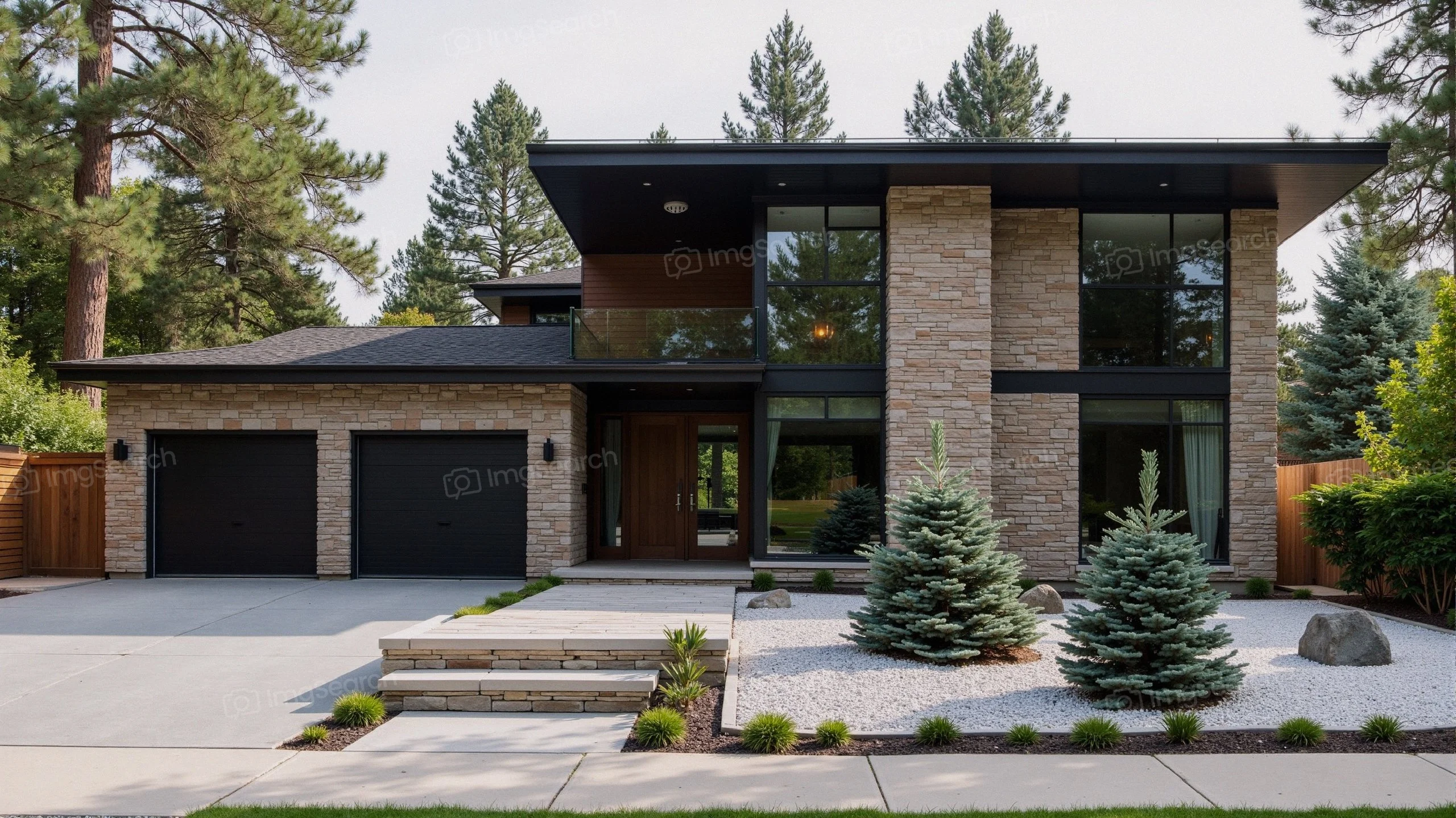 A modern two-story home featuring a stone facade, large windows, a stylish entrance, surrounded by landscaped greenery.