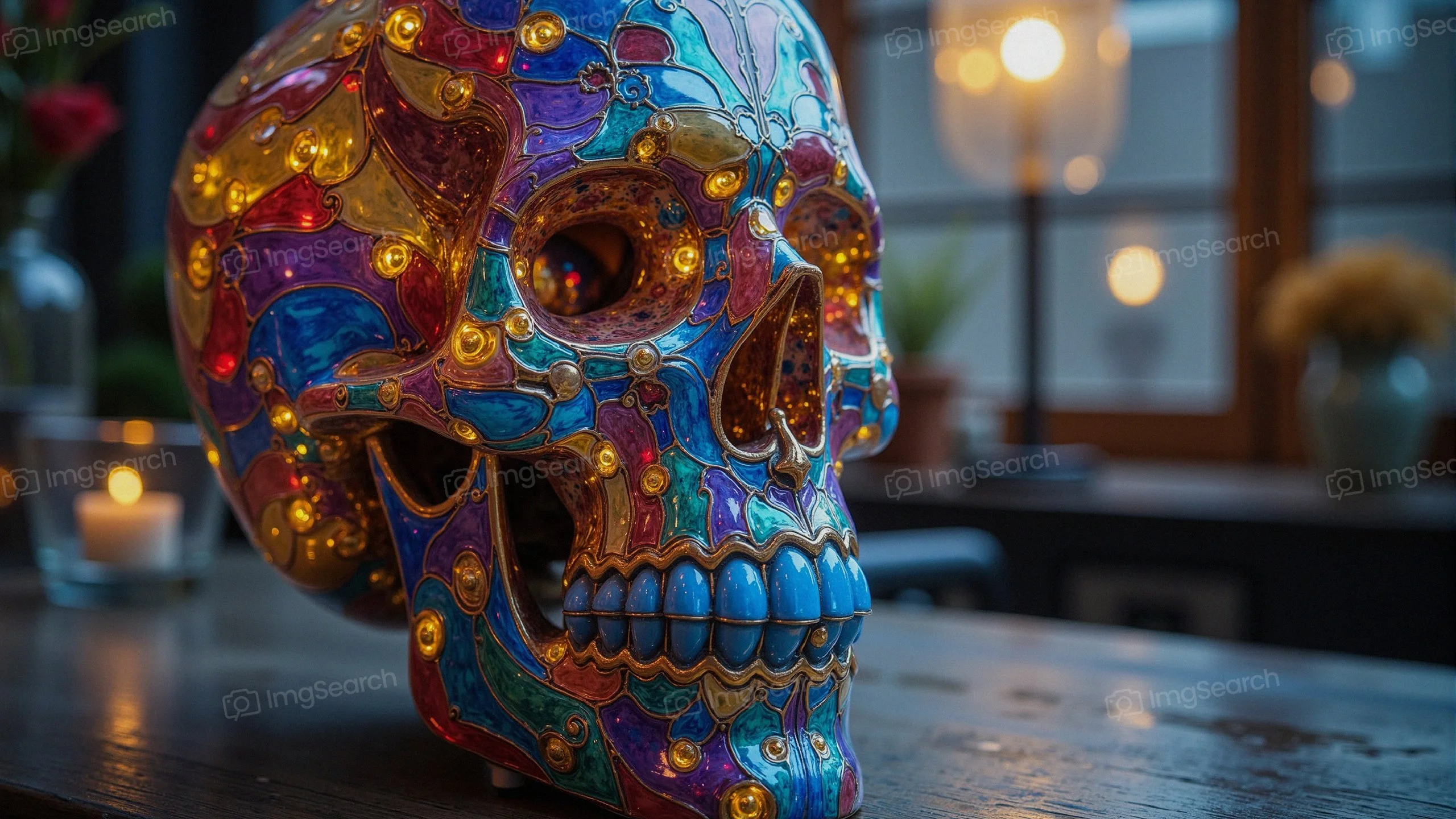 Colorful mosaic skull sculpture with intricate designs
