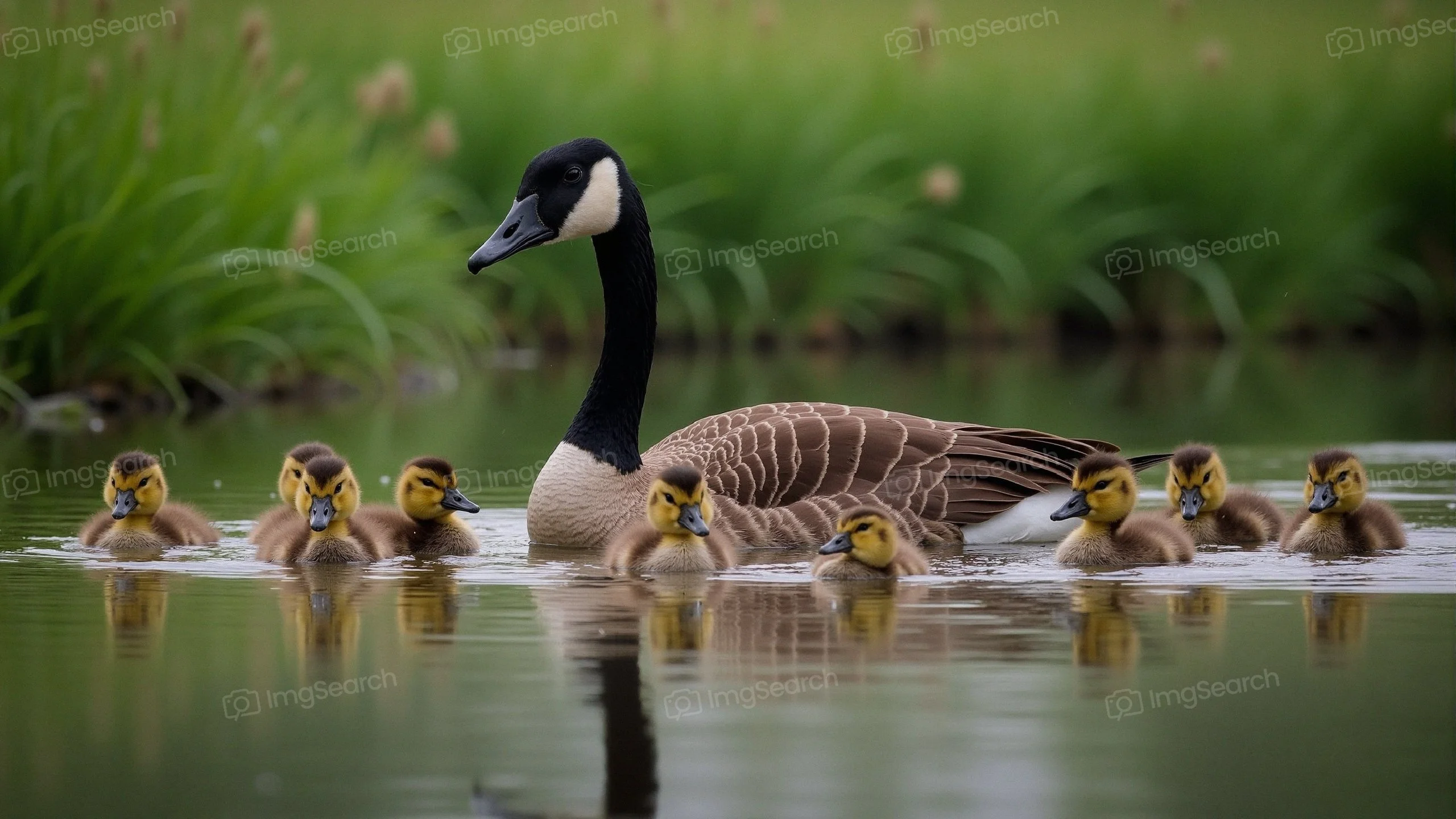 A Canada goose with several goslings swimming in a pond