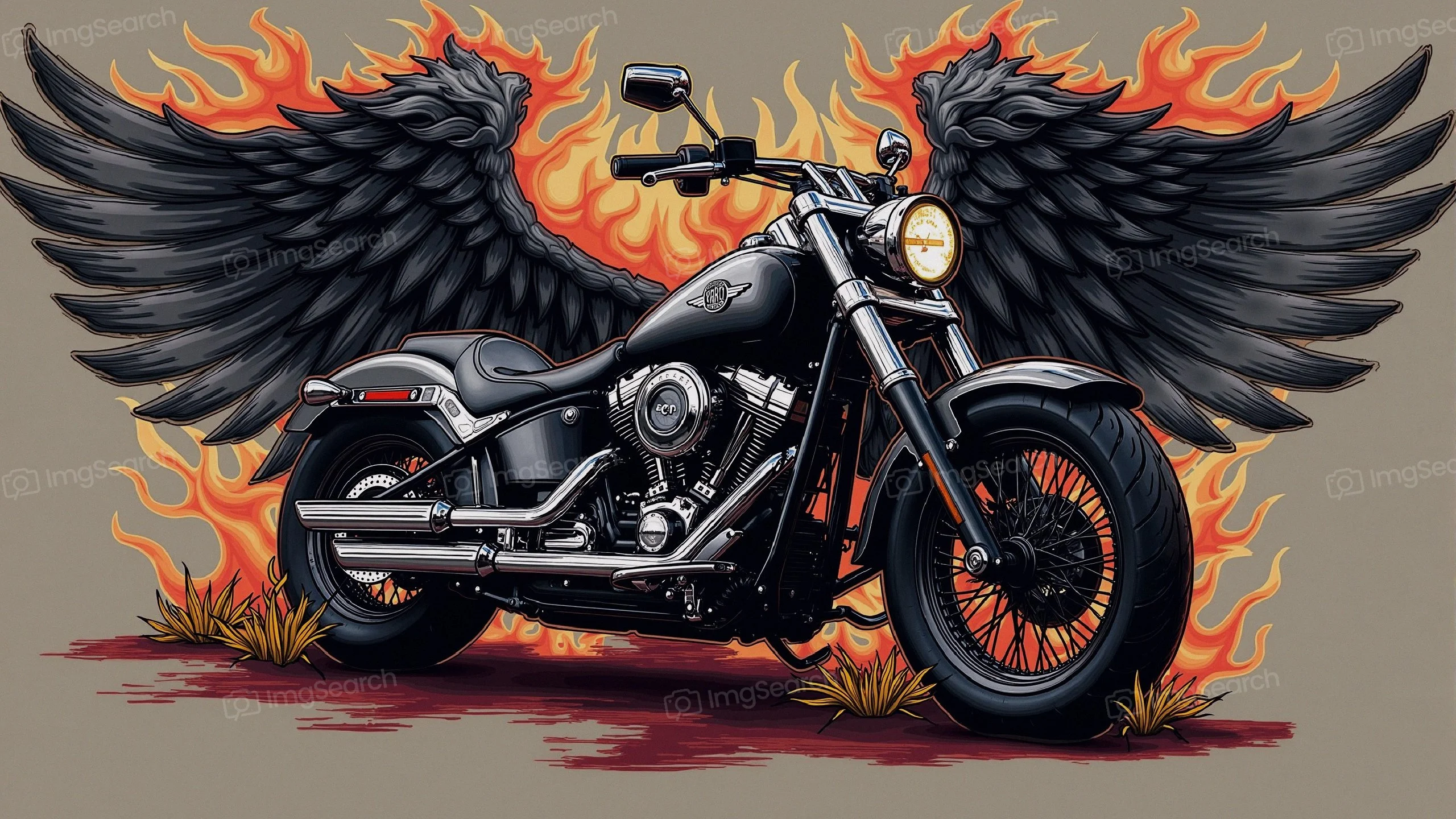 A motorcycle with large black wings emerging from fiery flames in the background.