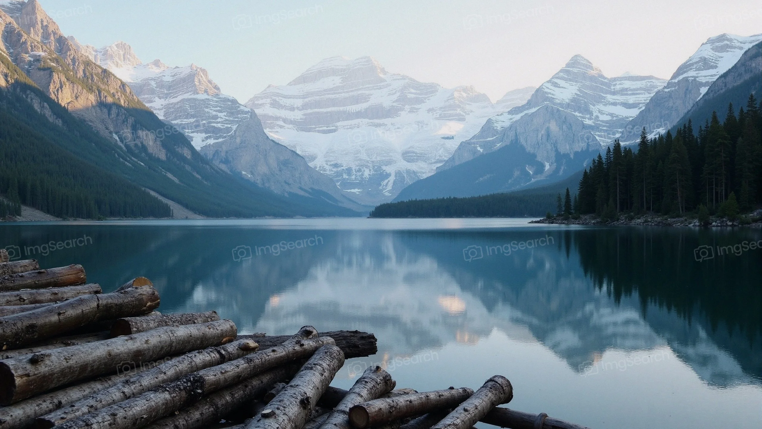 A mountain lake with logs in the foreground snow-capped peaks reflecting in the water