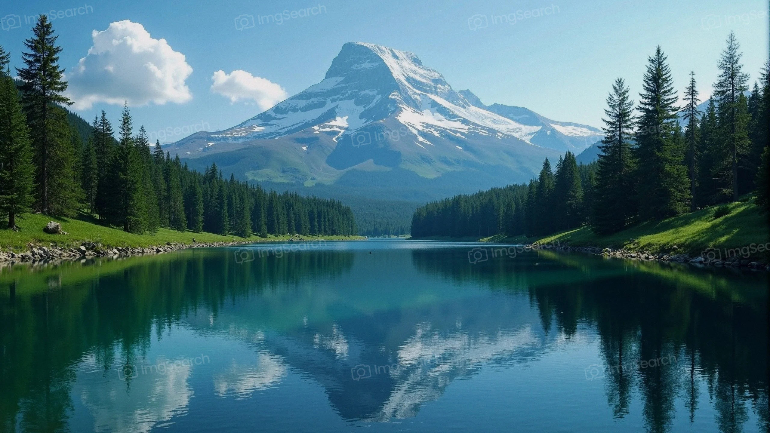 Tranquil lake with mountain reflection under a clear blue sky