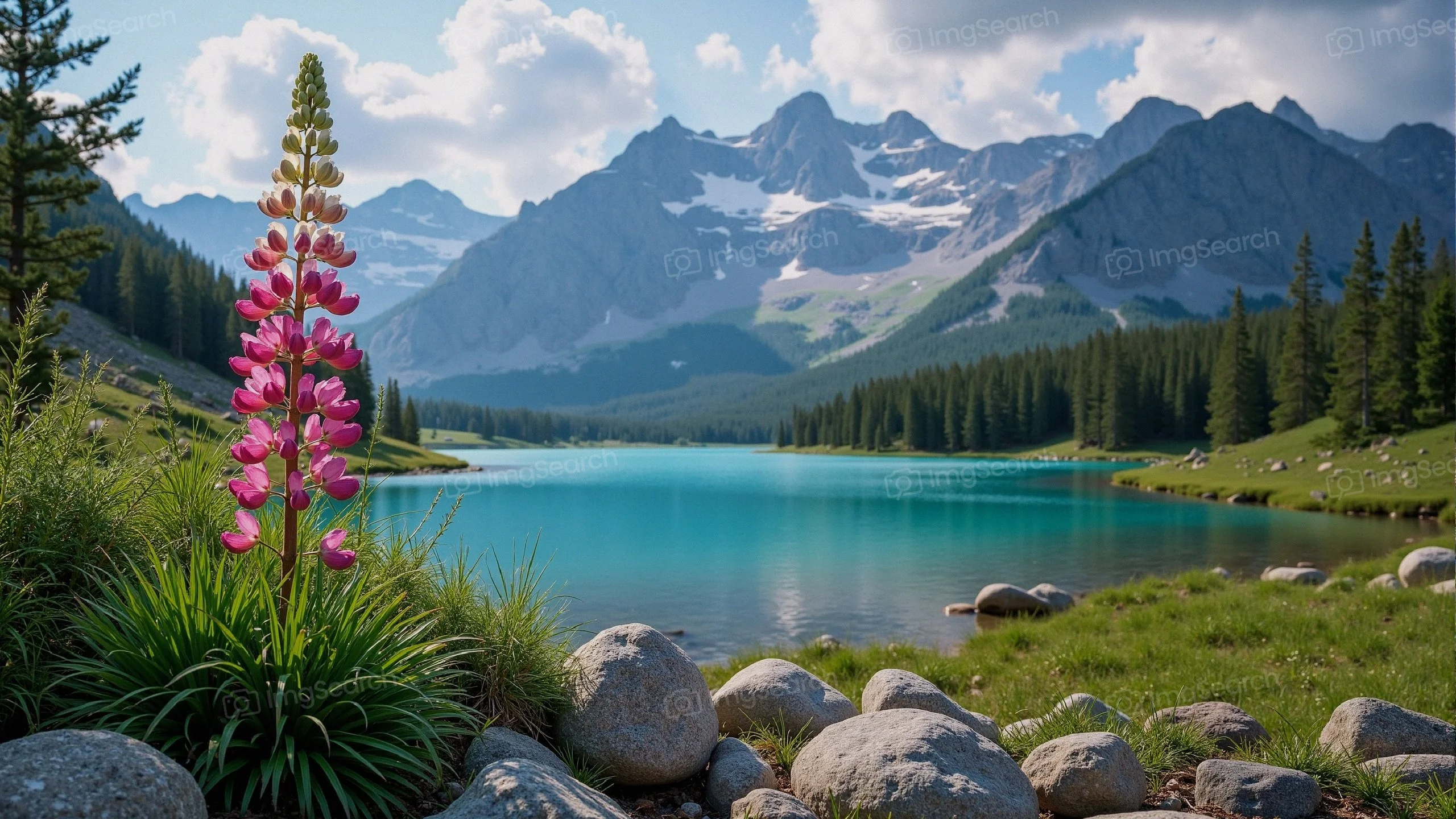 A mountain lake with turquoise waters pink flowers in the foreground, surrounded by green hills majestic mountains.