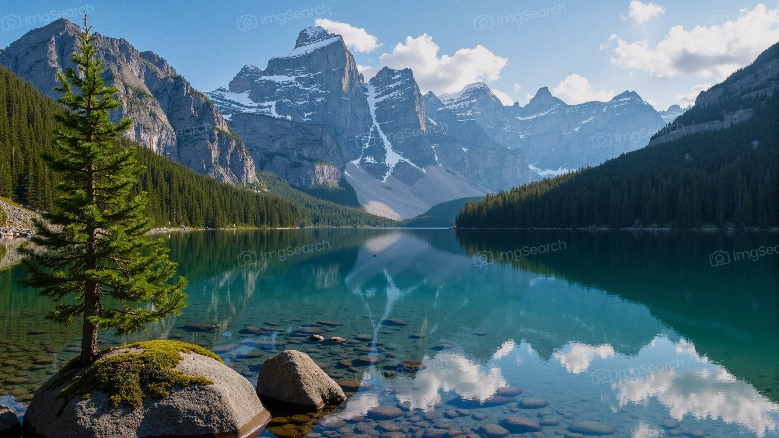 A tranquil view of Moraine Lake with towering mountains in the background a solitary pine tree in the foreground.