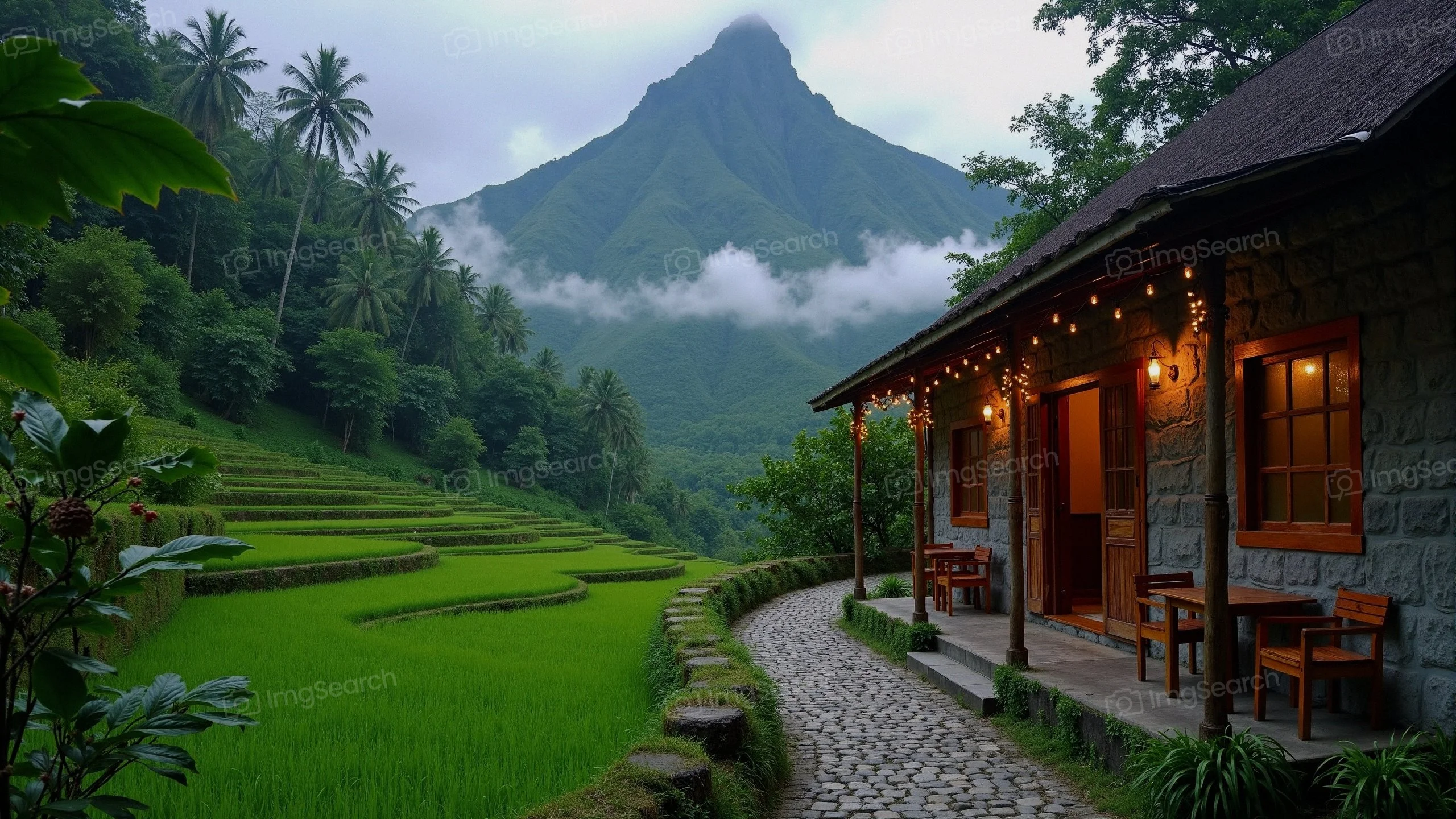 A cozy stone cottage with lights in front of green rice terraces a mountain backdrop.