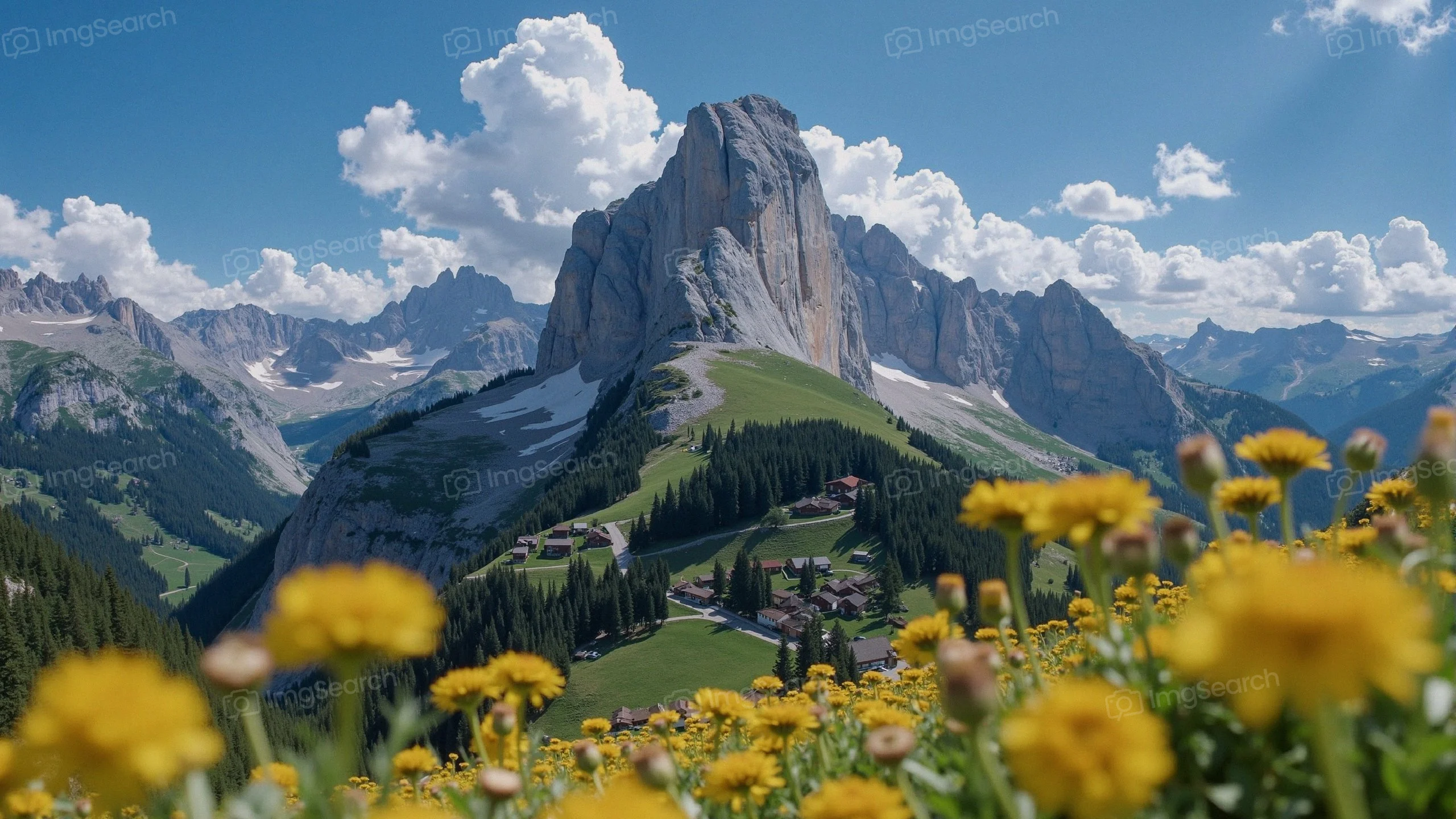 A scenic alpine landscape with a majestic mountain, yellow flowers in the foreground, quaint houses in the valley under a blue sky.