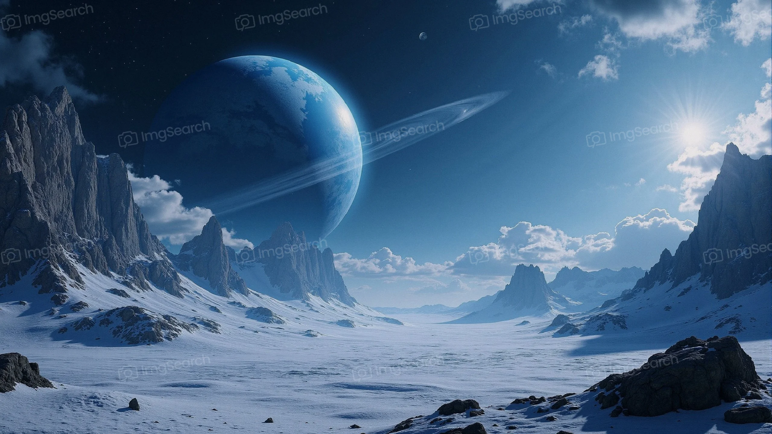 A snowy alien landscape with mountains a large blue planet in the sky