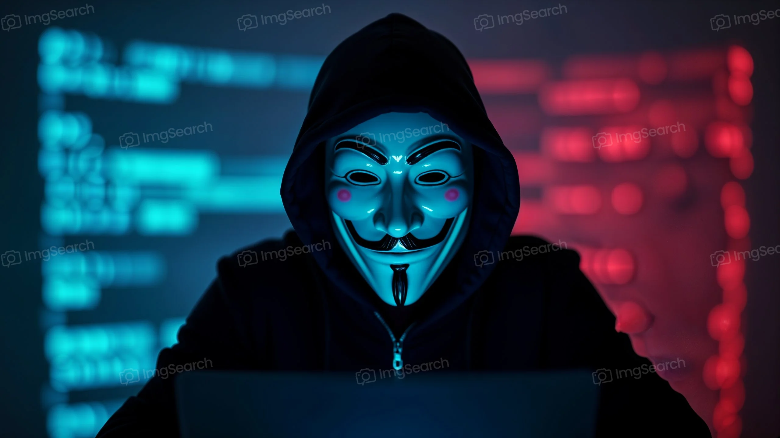 A person in a hoodie and a Guy Fawkes mask sitting in front of a laptop with binary code on the screen.